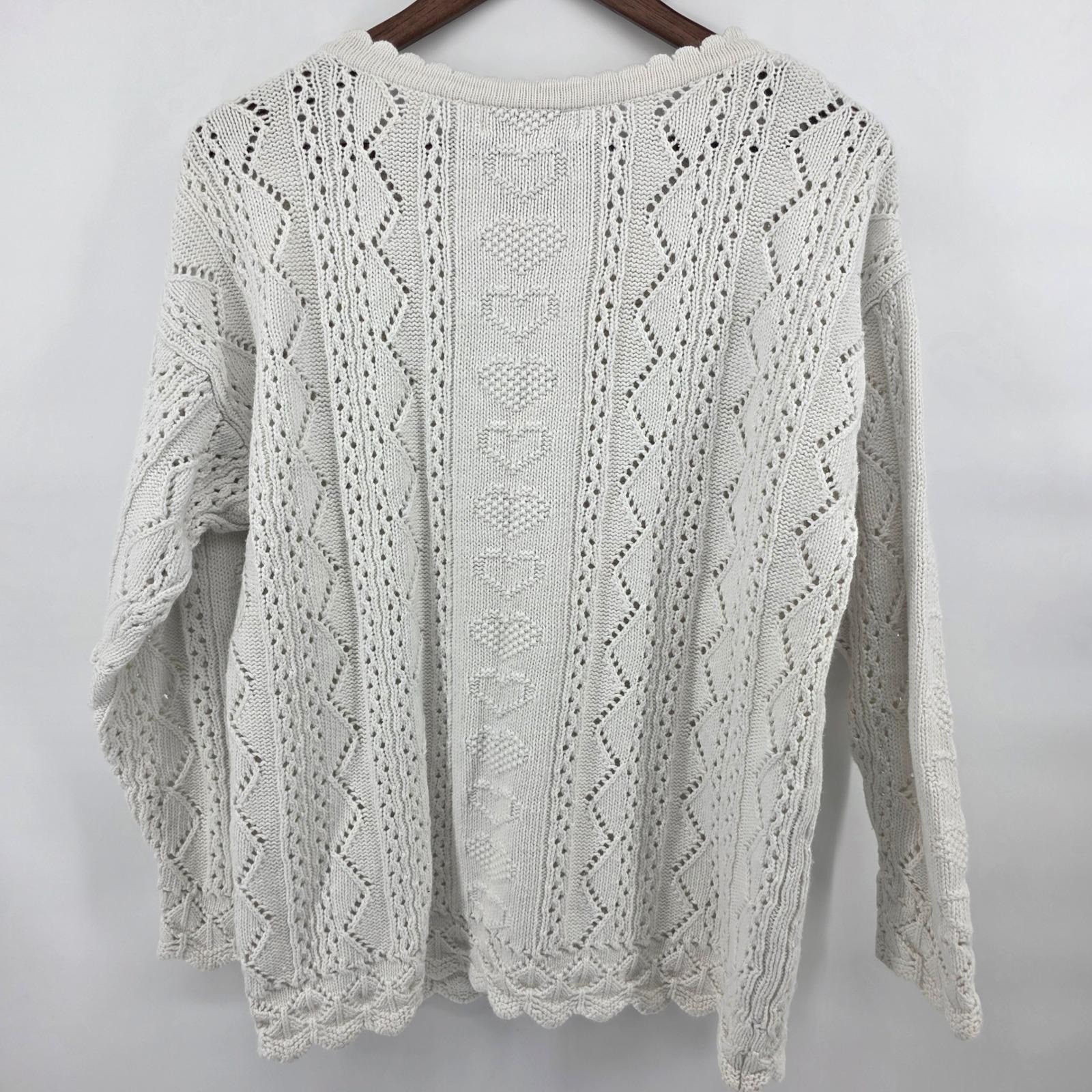 Paris Sport Club Vintage Heart Pointelle Knit Scalloped Sweater Cream Womens M