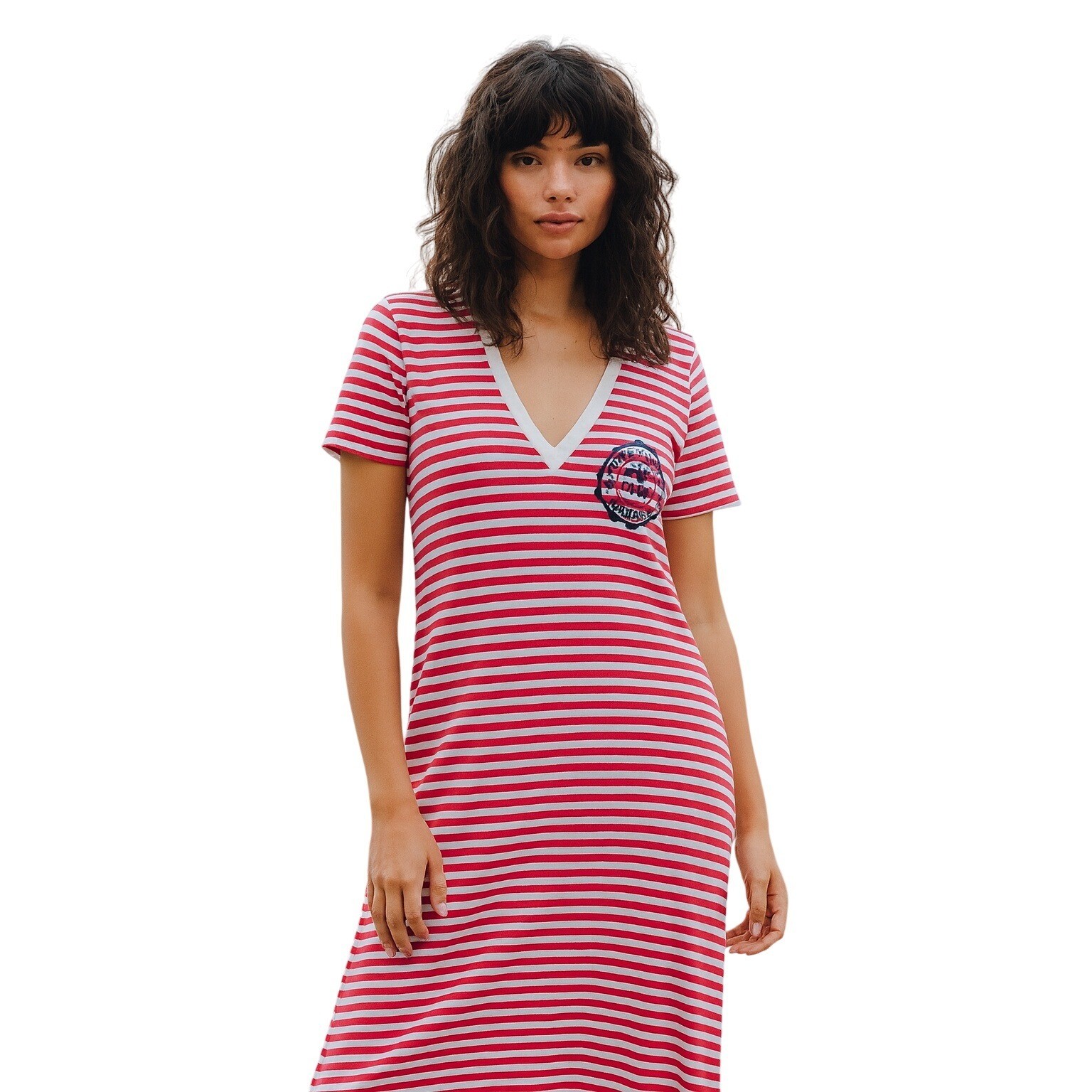 VINTAGE 70s TIMBERLINE CAMP Red White Stripe Tee Dress V Neck Sailor Nautical S