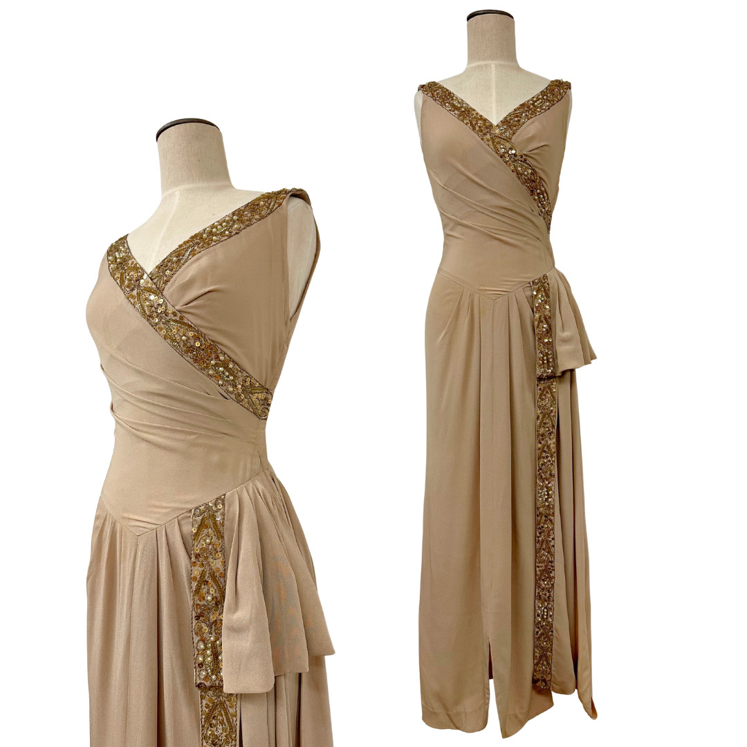 Vintage 1930s Draped Beige Sequin Hollywood Glamour Art Deco Evening Gown