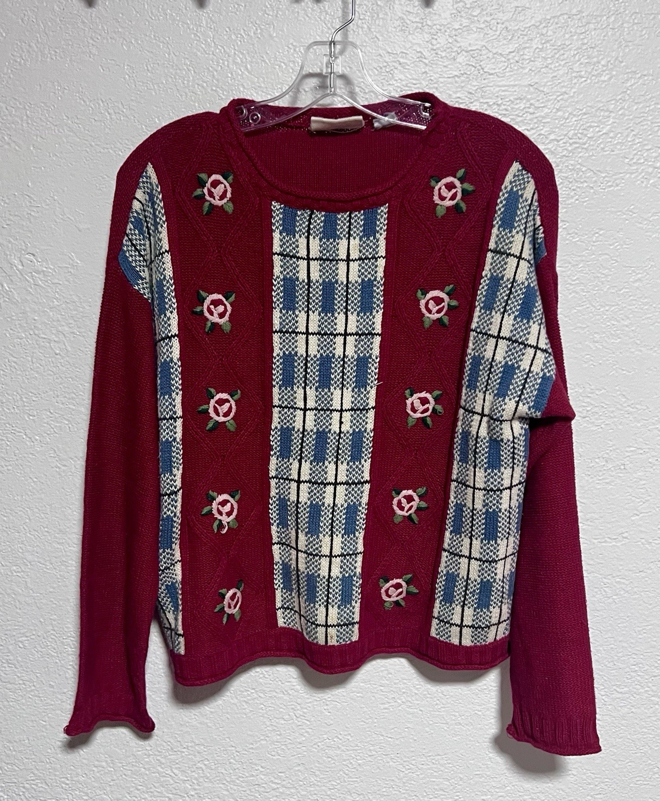 Vtg 80s Crazy Horse Sm Red Sweater Rose Embroidered Plaid Novelty Knit