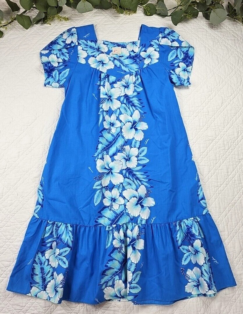 VTG Kalena Fashions Hawaii Hawaiian Blue Hibiscus Maxi Dress Size L