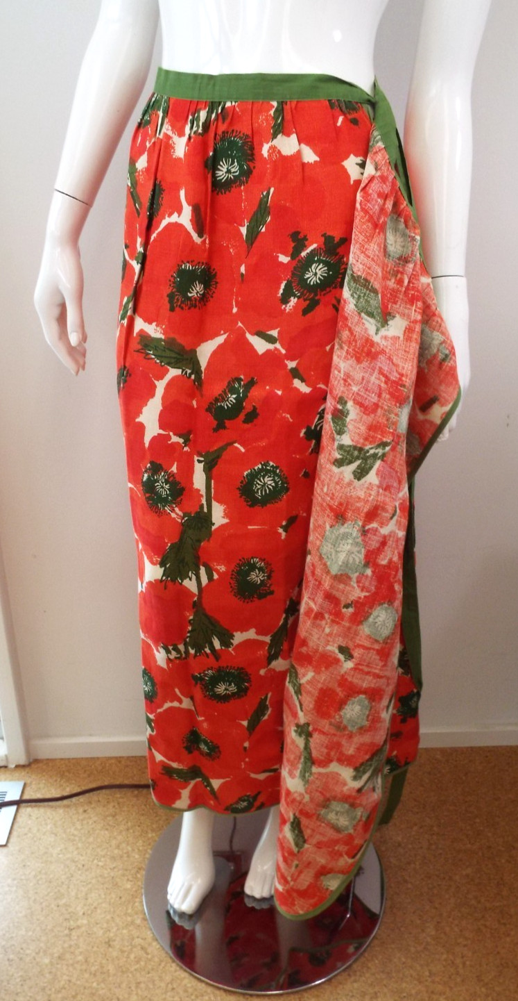 VTG Vera Neumann Cotten Linen Hostess Wrap Skirt PERFECT Poppy Red Green Floral