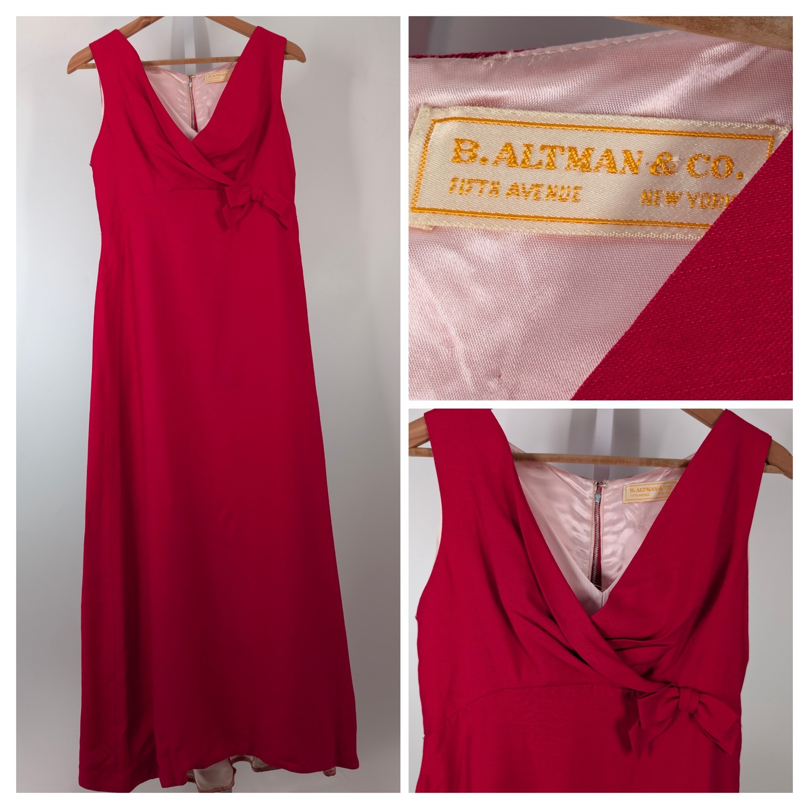 B Altman Co New York Vintage 40s 50s Fuscia Pink Bow Gown Dress 34″ USA Bespoke