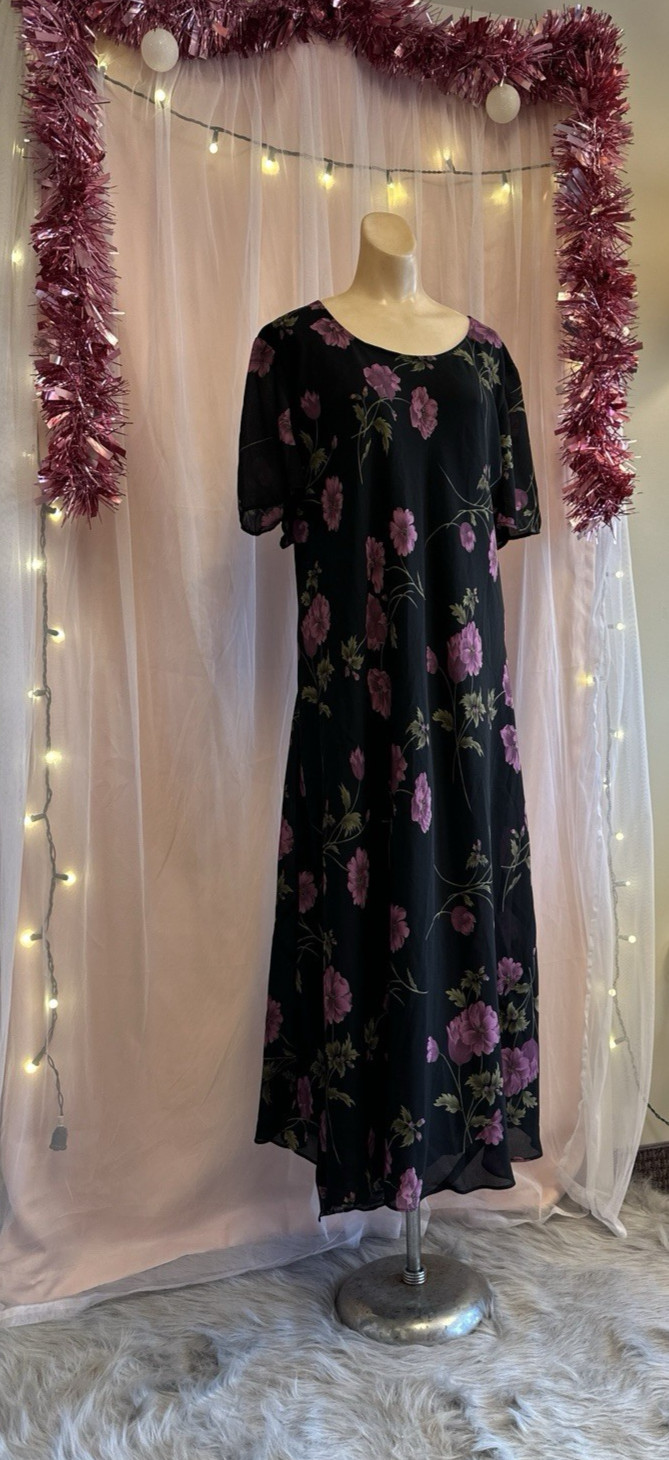 Vintage 90s Floral Print Maxi Dress Black Purple Flowy Boho Plus Size 3X