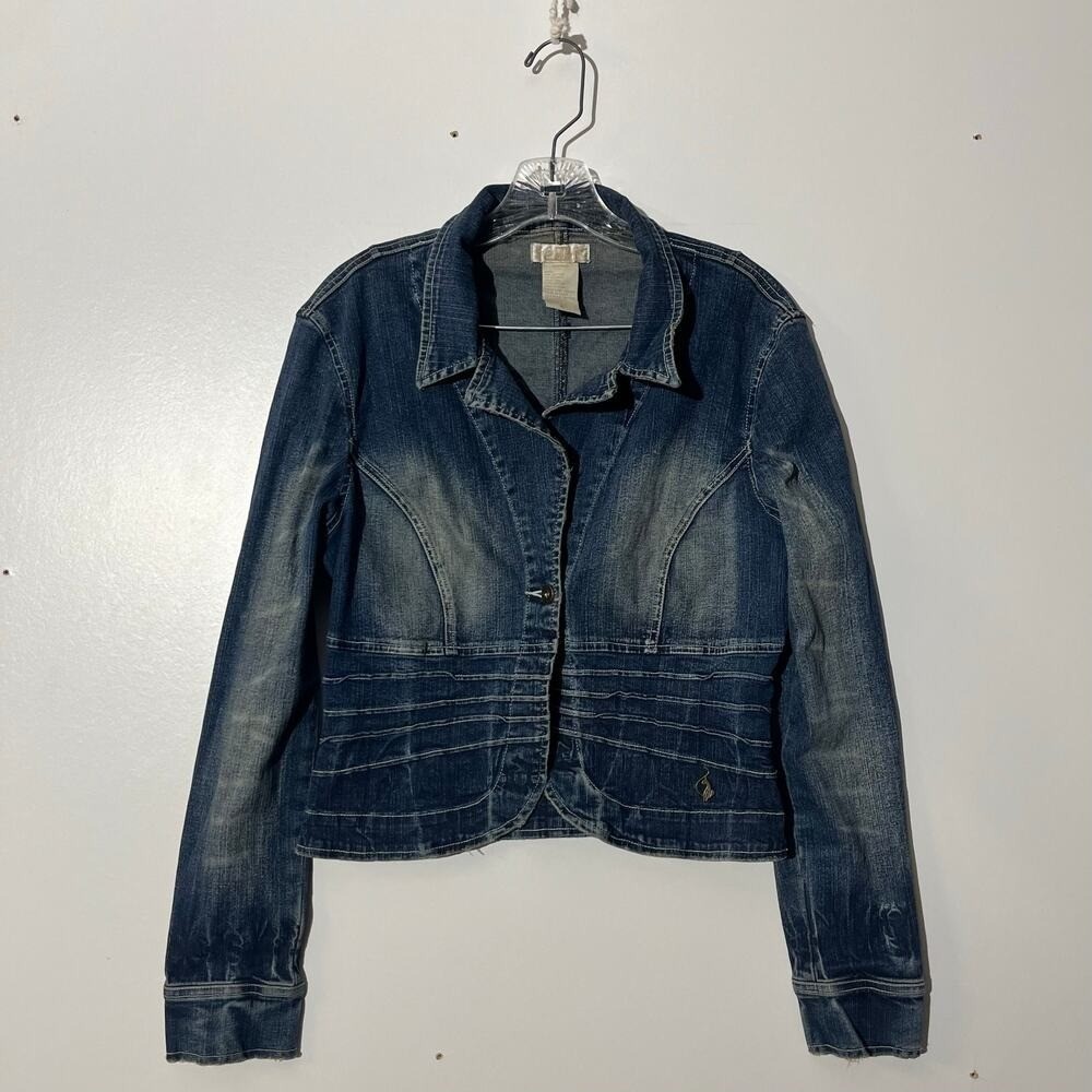 Vintage EUC Baby Phat Rare Blue Jeans Metal Cat Logo Denim Jacket Women Size XL