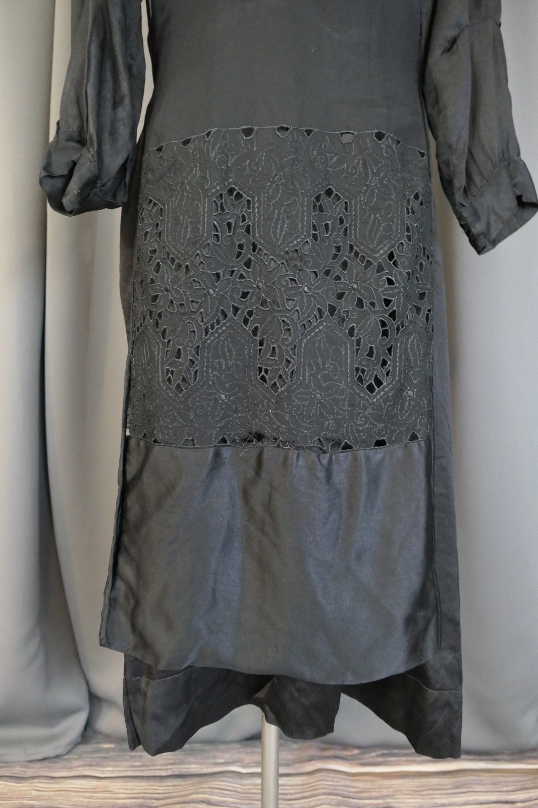 Damaged 1910s Black Silk Satin Dress, Eyelet Panel, 40 inch bust, Ankle length