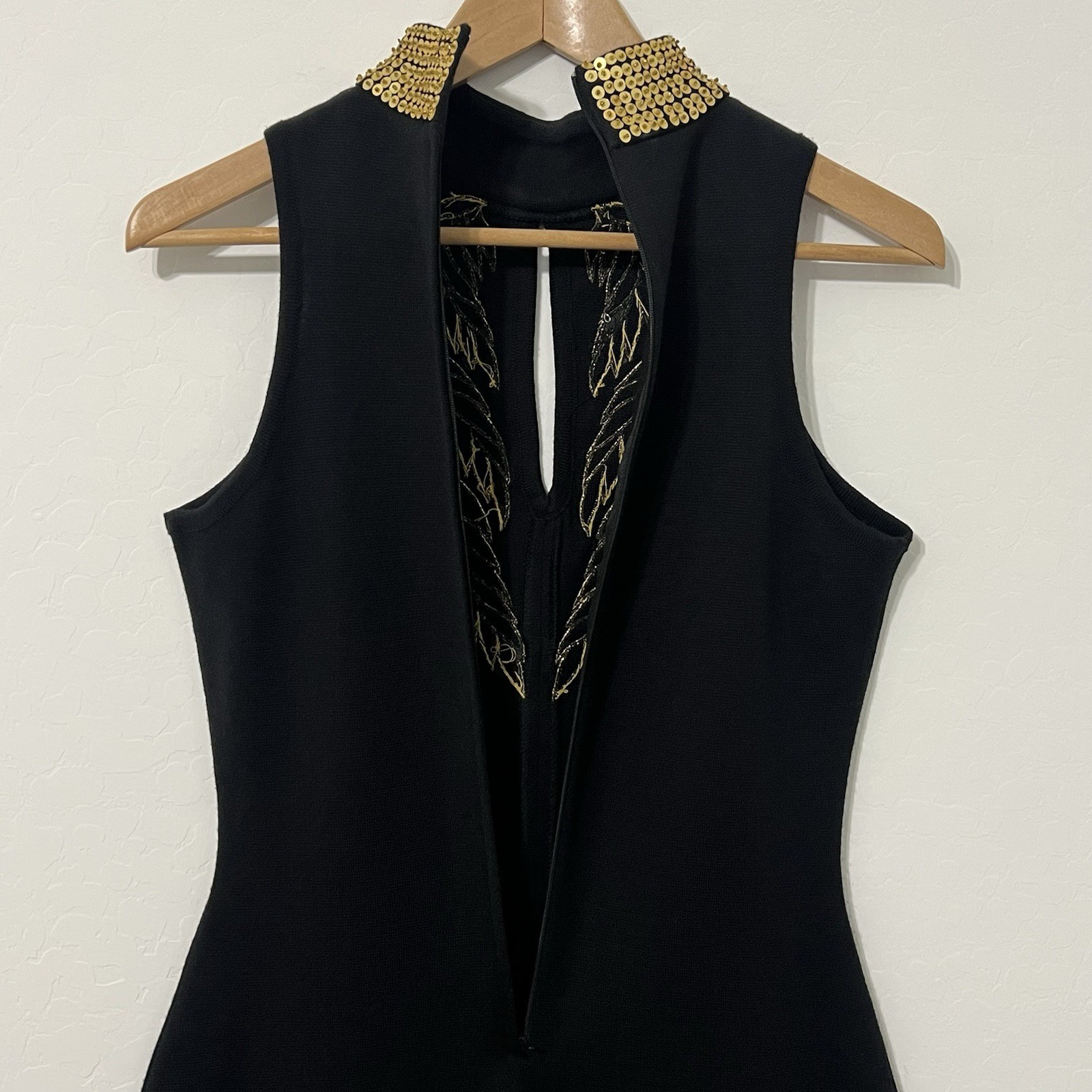 Vintage 80’s Casual Corner Gold Sequin Leaf Dress | Grecian Choker Wiggle Midi
