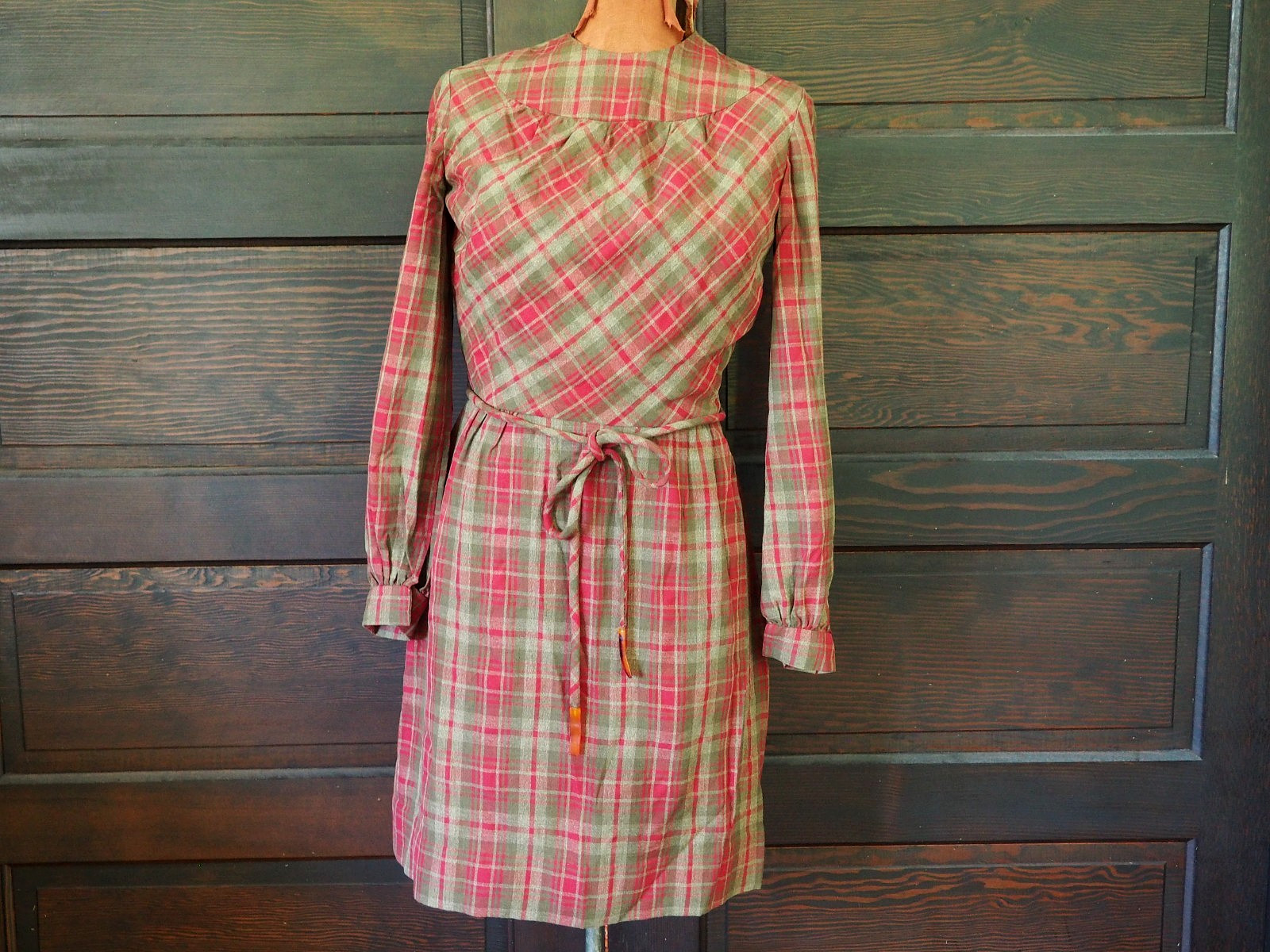 VTG 50s Red Brown Plaid Belt Bow Preppy Party ILGWU Blouson Mini Dress Sz S