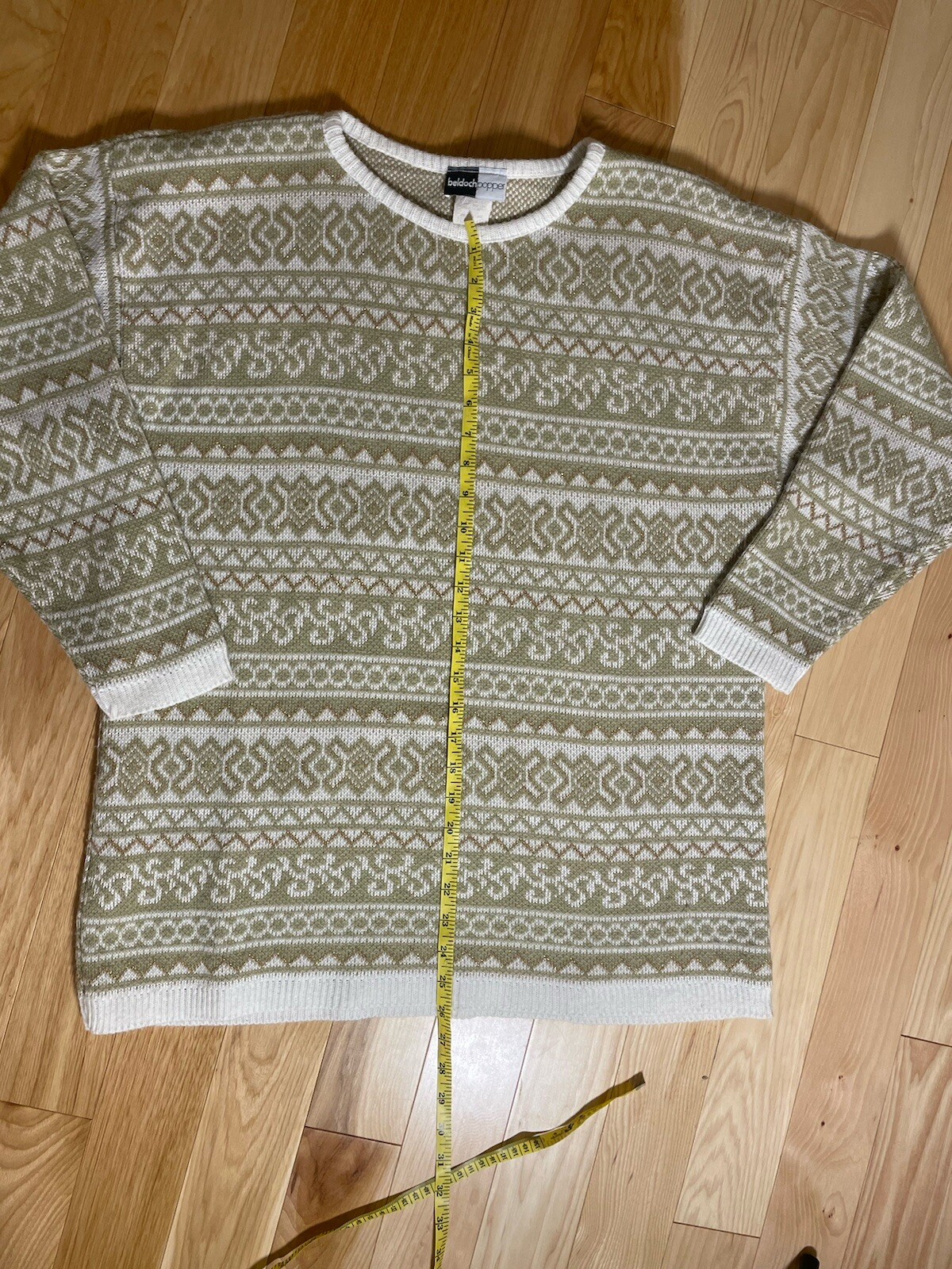 Womens EUC Beldoch Popper M Green, Metallic Gold & White Sweater