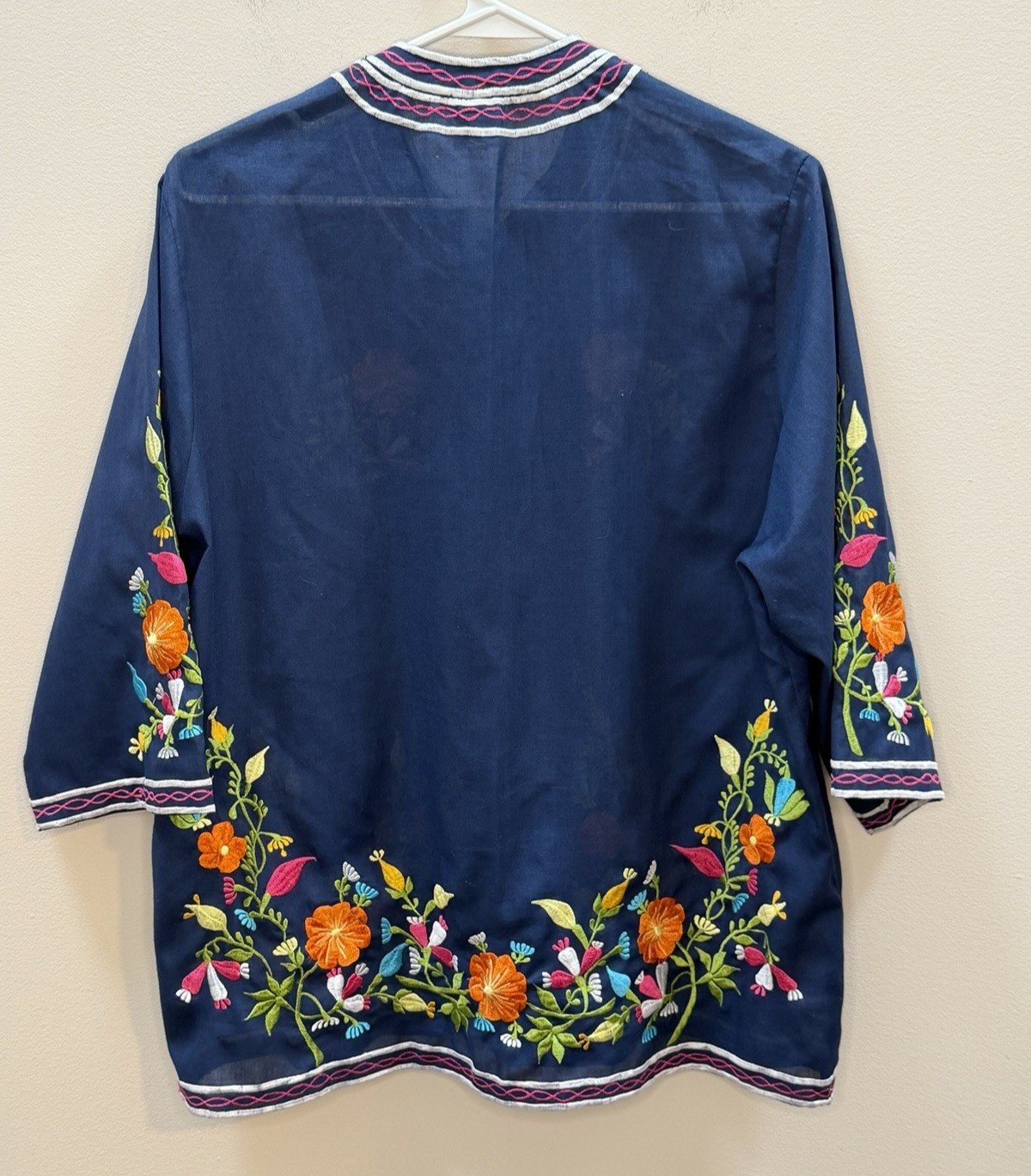 Vintage 70’s Leandra Crochet Tunic Women XL Embroidered Blue Boho Art Semi Sheer