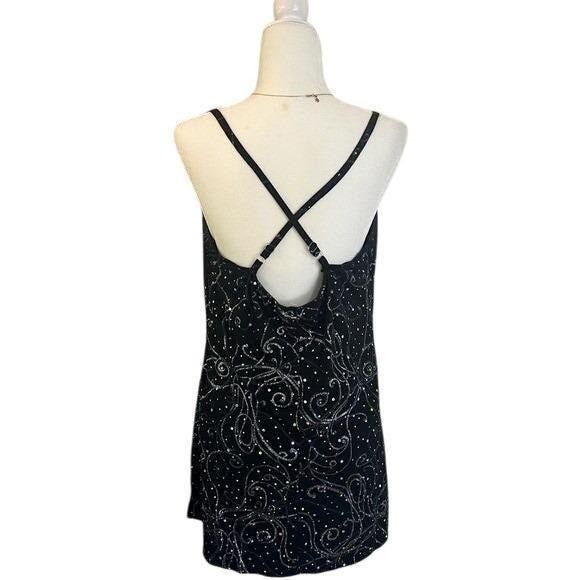 Vintage Black Glitter Sequin Mini Dress Cami Side Slit Skort XXLA Large XL