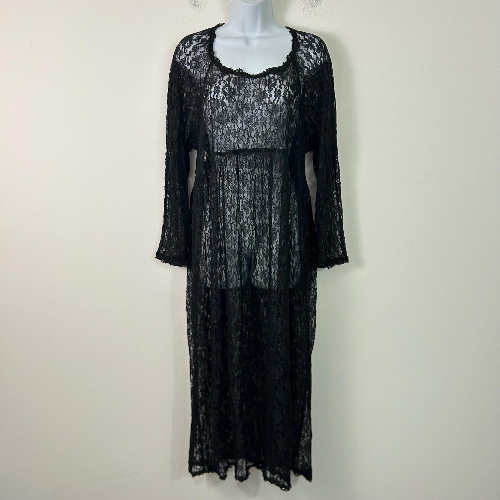Vintage Margot Lea Black Floral Sheer Lace Long Cardigan USA O/S