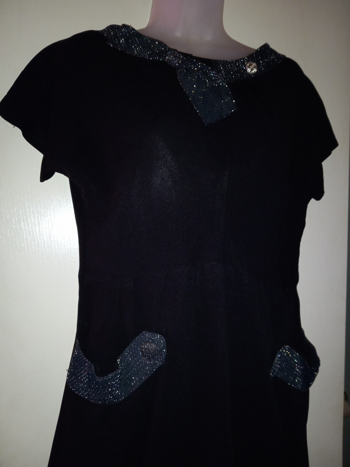 Vintage 40s Black Rayon Rhinestone Dress Metallic Net Collar Pockets Side Zip L