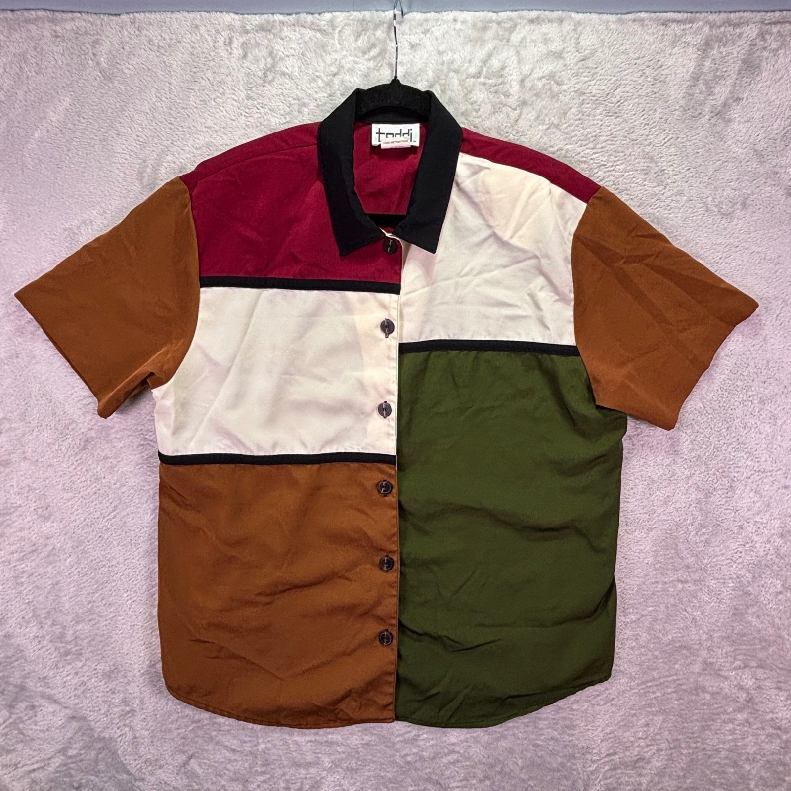 Vintage Teddi Women Shirt XL Colorblock Short Sleeve Button Up Retro Chic Artsy