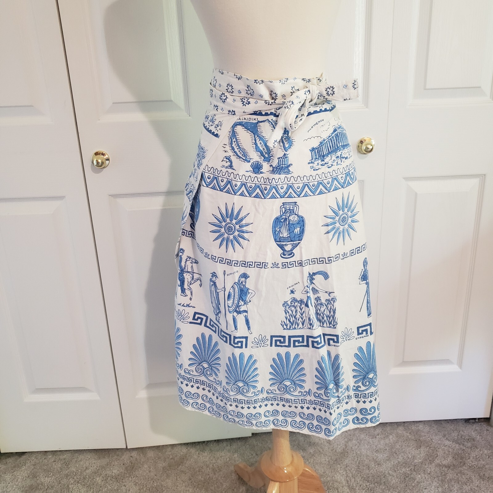 Vtg 1970s Greek Greece Novelty Wrap Skirt Blue White Cotton Size Medium