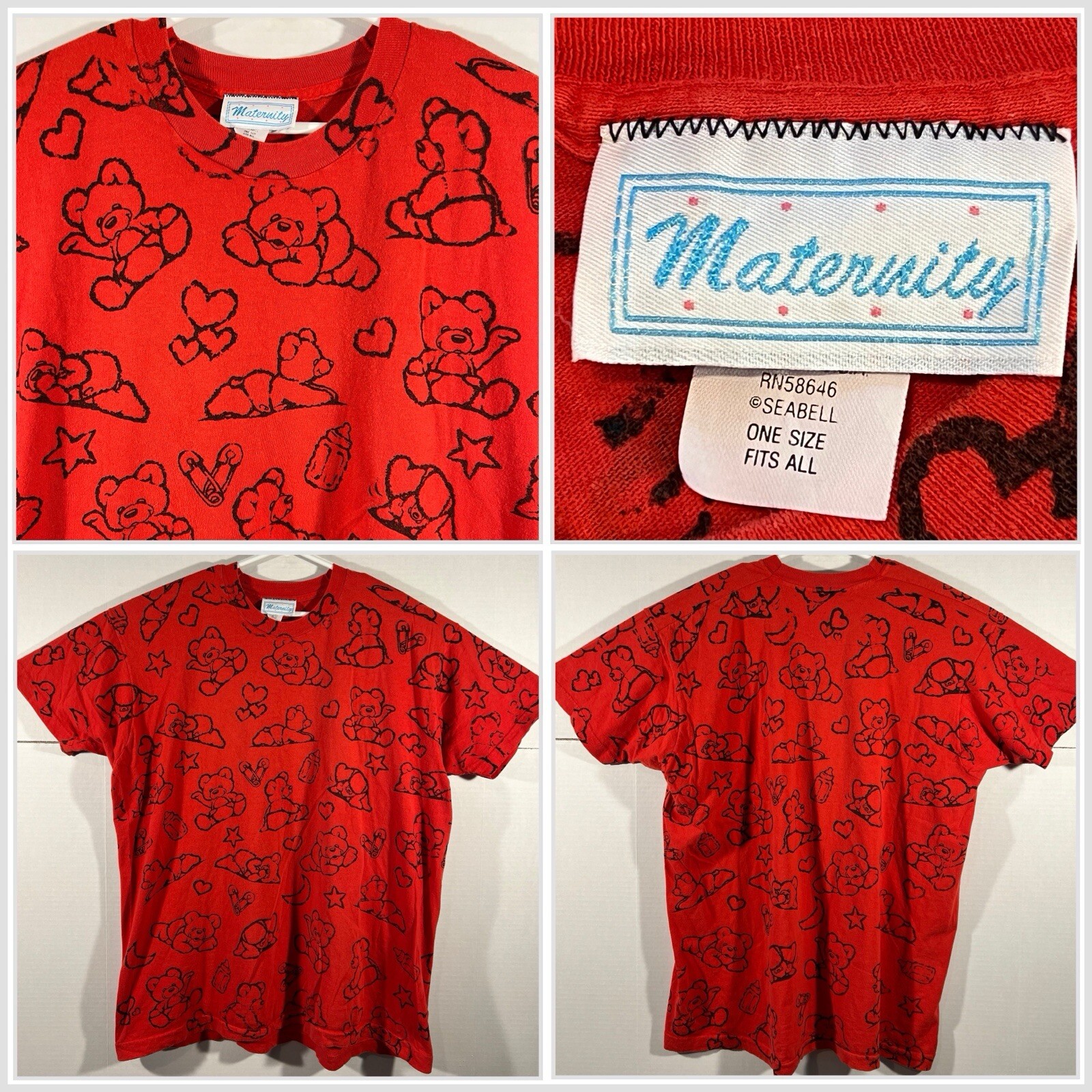 VTG 90’s Maternity AOP Bear Babies Graphic Tee Single Stitch Red 2XL One Size
