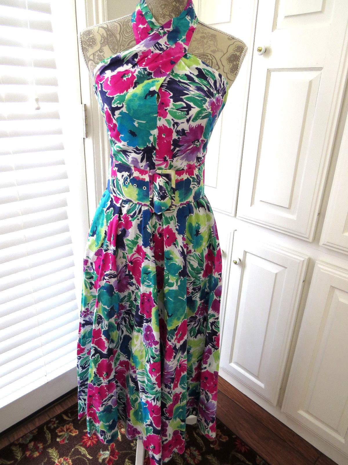 Size Small 5 to 6 Vintage Halter Dress by Act I Turquoise Plum Rose Flowers