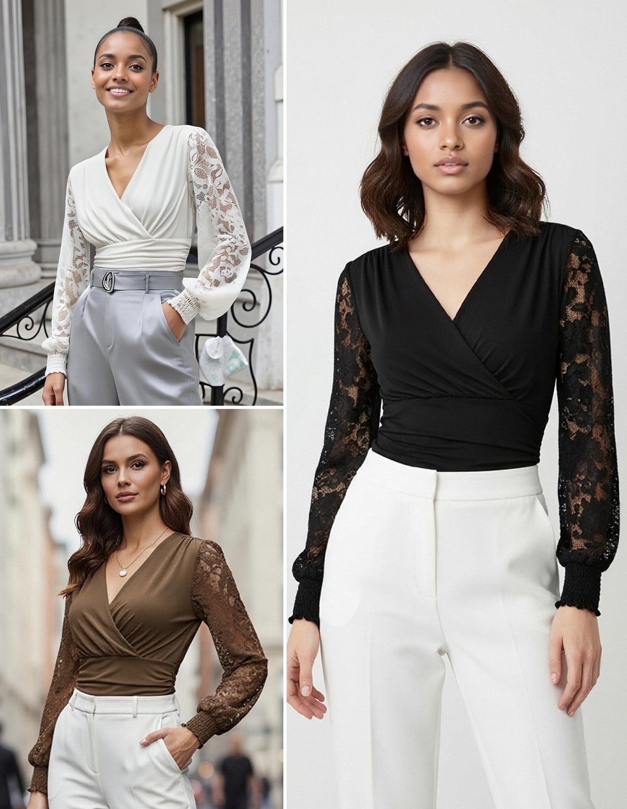 GRACE KARIN Womens Tops Dressy Casual, Elegant Lace Sleeve Shirts Wrap Ruched…