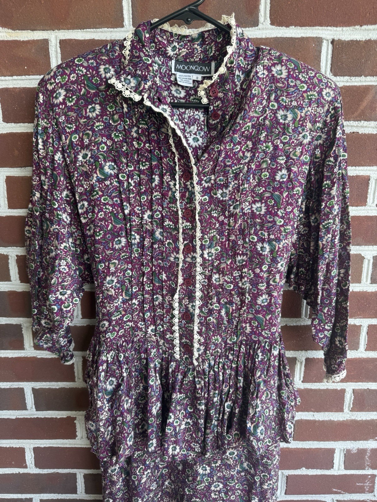 Vintage 80s Moonglow Floral Prairie Dress Small Lace Trim Drop Waist Peplum