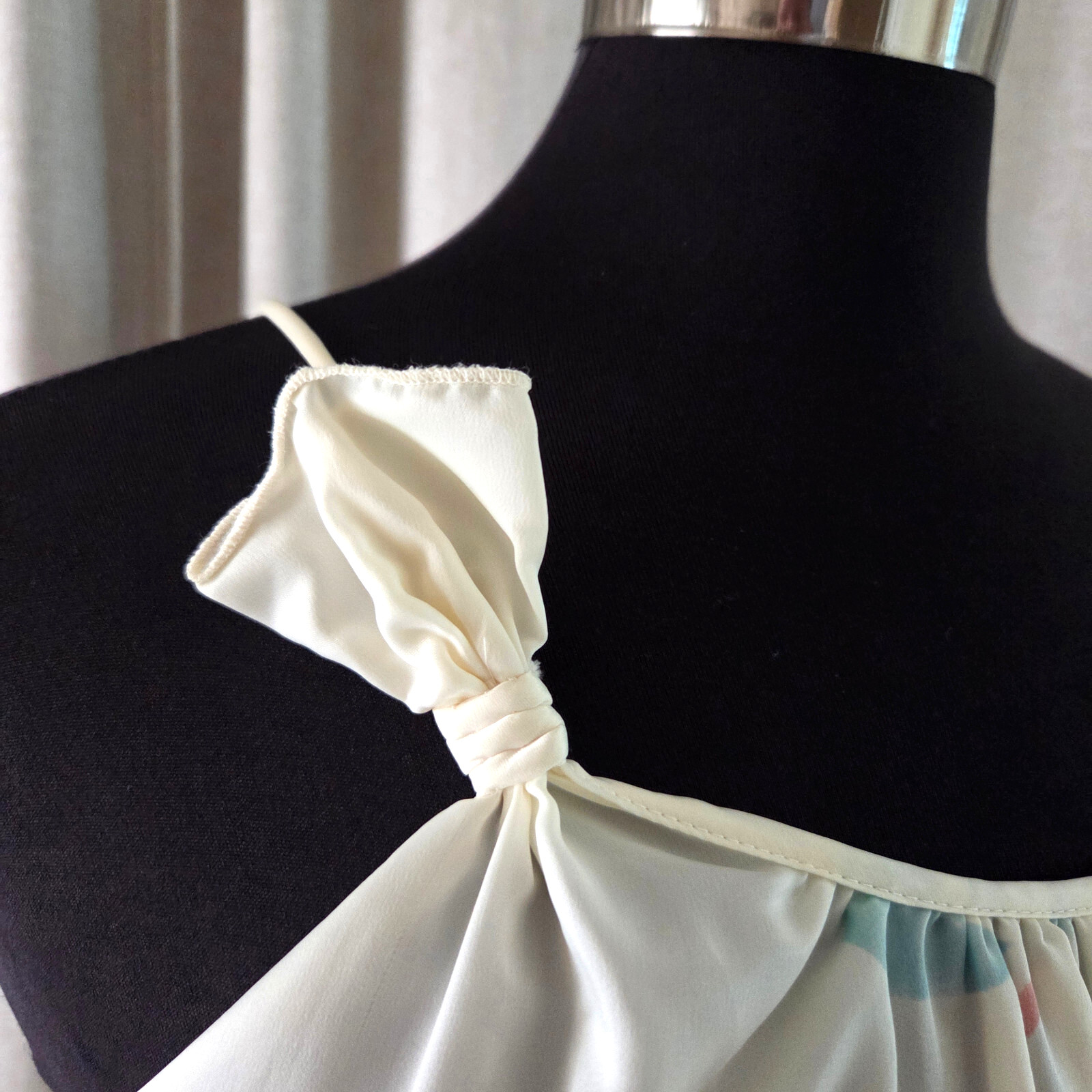 Vintage Mary McFadden S Dress Pastel Floral Lotus Pink Blue on Cream Bow Strap