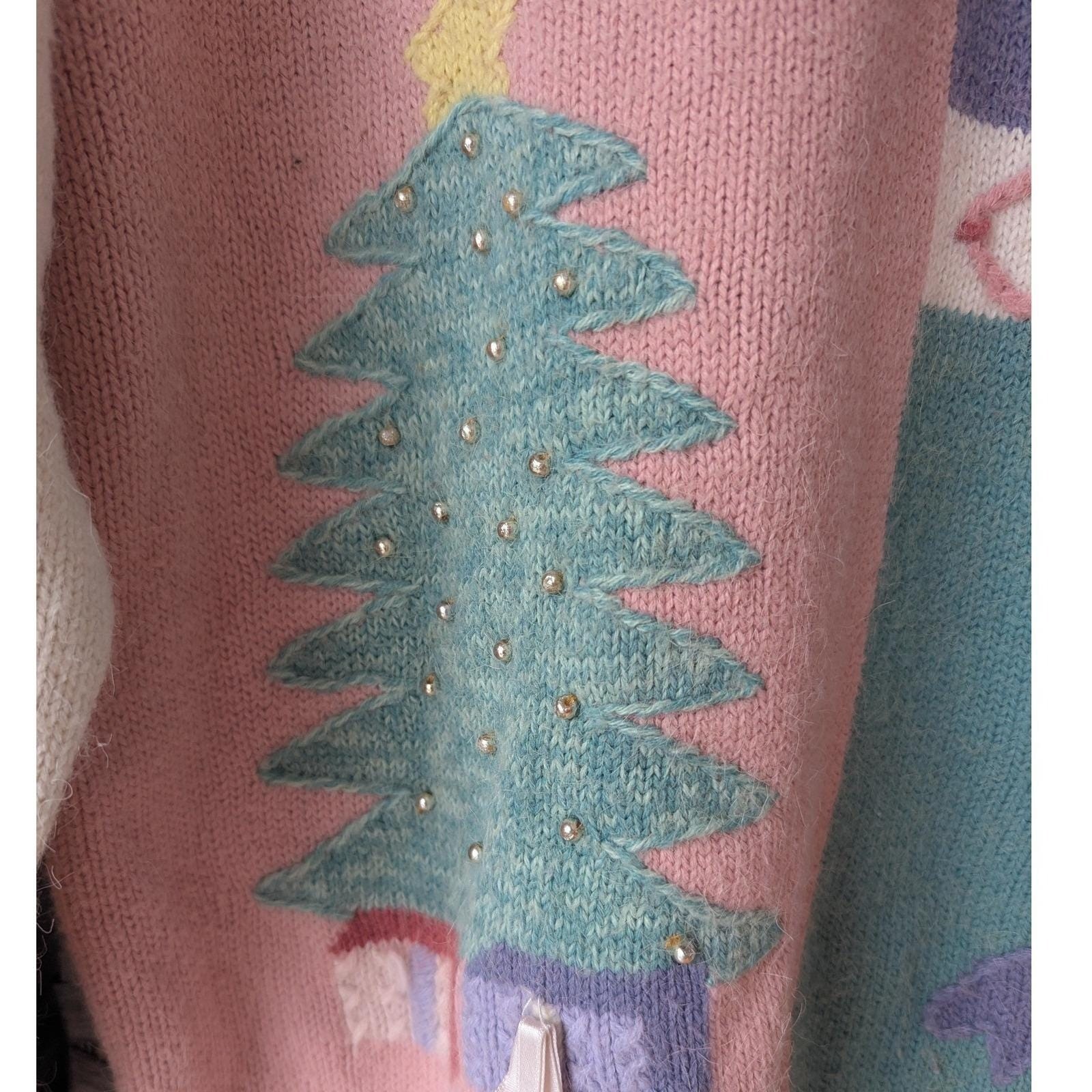 Vtg Pastel Colorblock Christmas Sweater Mock Neck Beaded Tree Wreath Festive Lg