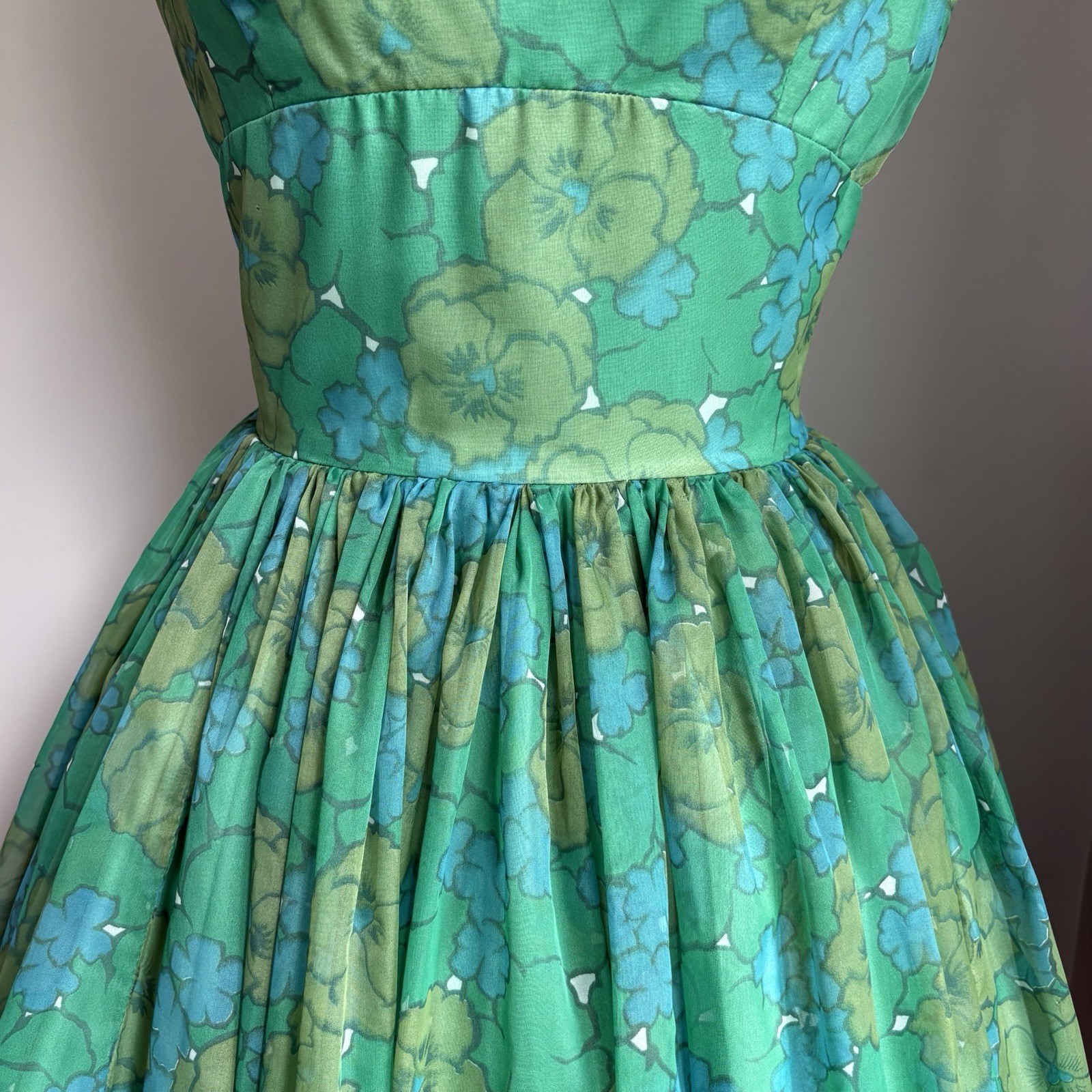 Vintage early 1960’s Blue & Green Floral Chiffon Rockabilly Pinup Party Dress XS