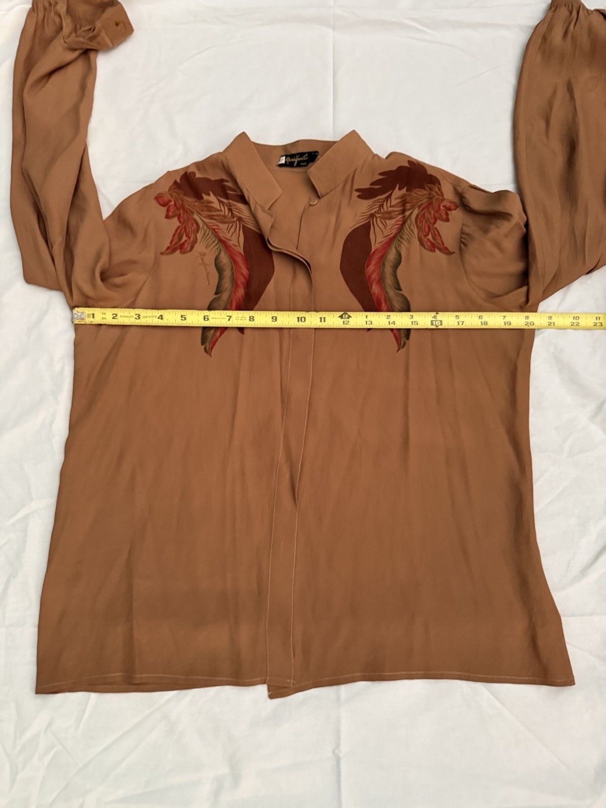 Vtg Mario Pucci Cecconi Italy Blouse Feathers Long Sleeve Brown Button Top Shirt