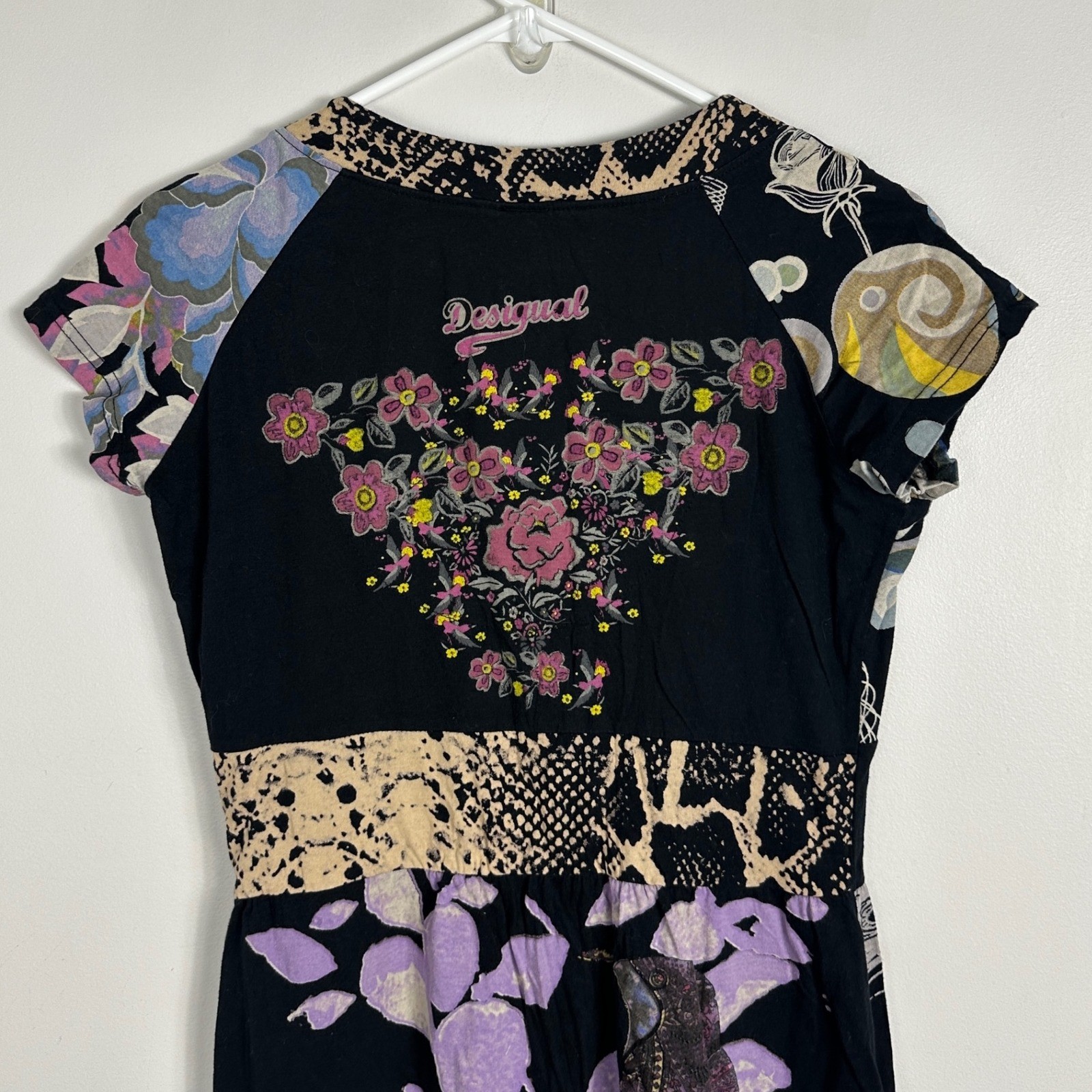 Desigual Y2K Floral Mini Dress Womens Size Large Pockets V-Neck Art Deco 11V2110