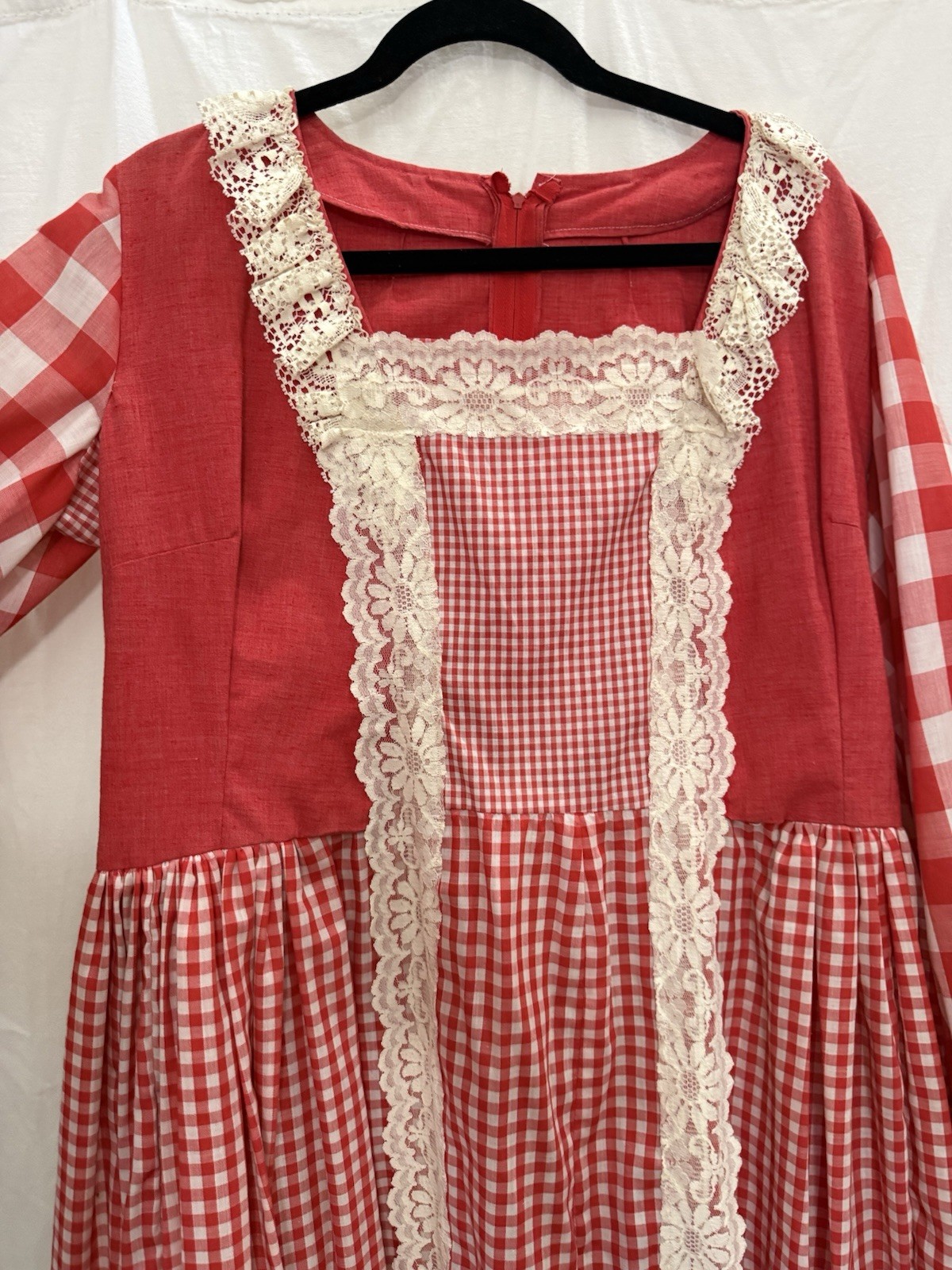 Vtg 70s Handmade Prairie Dress Red Gingham Lace Bib Farmhouse XL Storybook Style