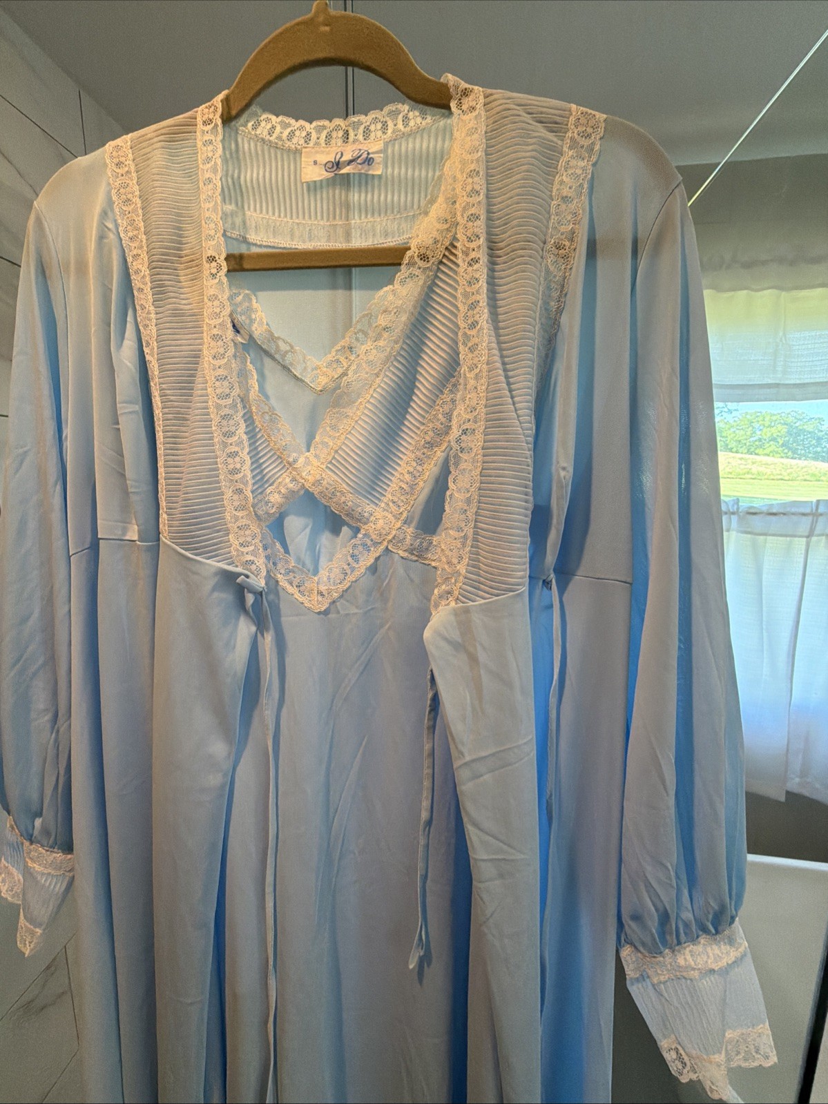 VTG I Do NYLON Lace Detail Baby Blue PEIGNOIR ROBE/NIGHTGOWN 2Pc SET Sz Small