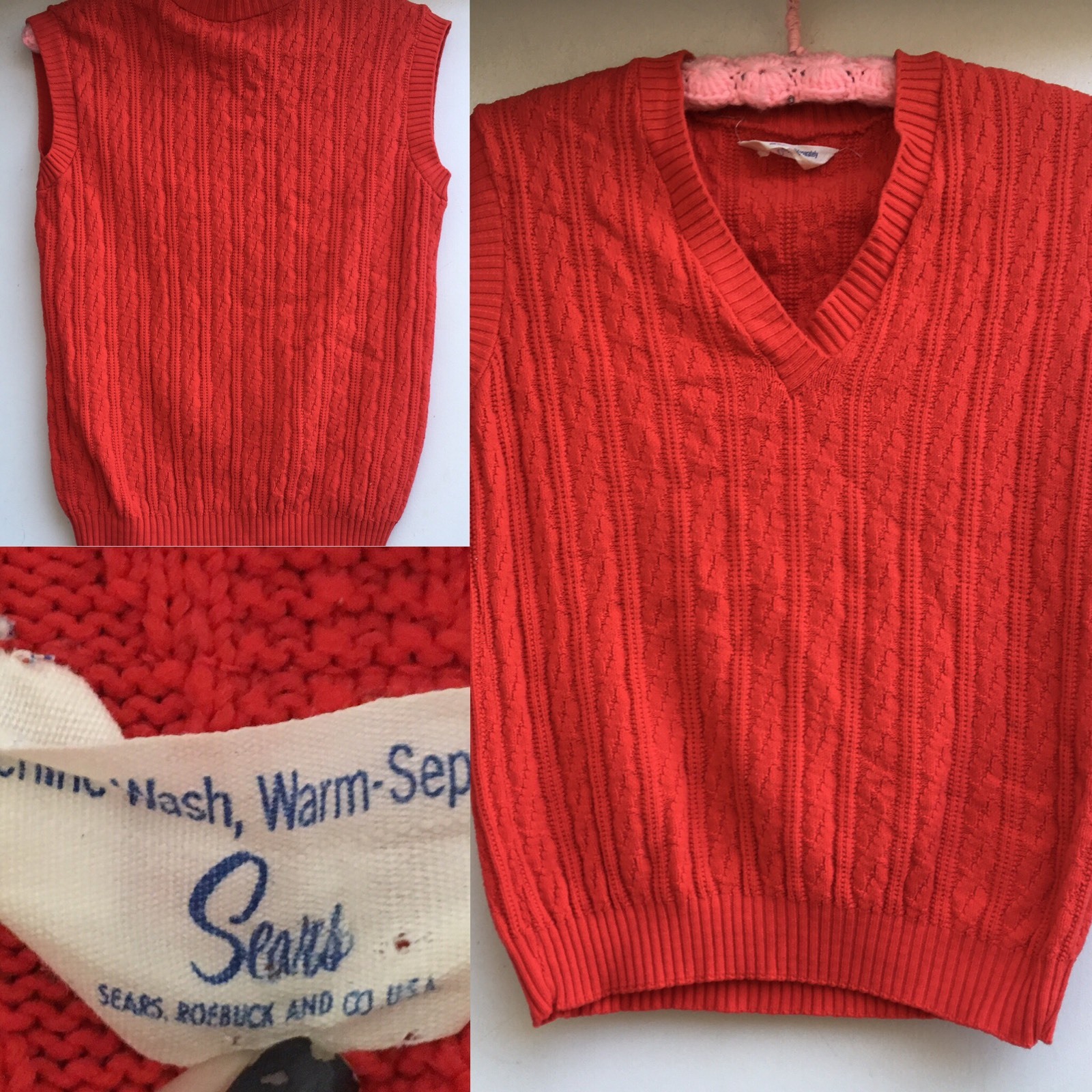 Vintage Sears Roebuck And Co USA Red Sleeveless V Neck Sweater