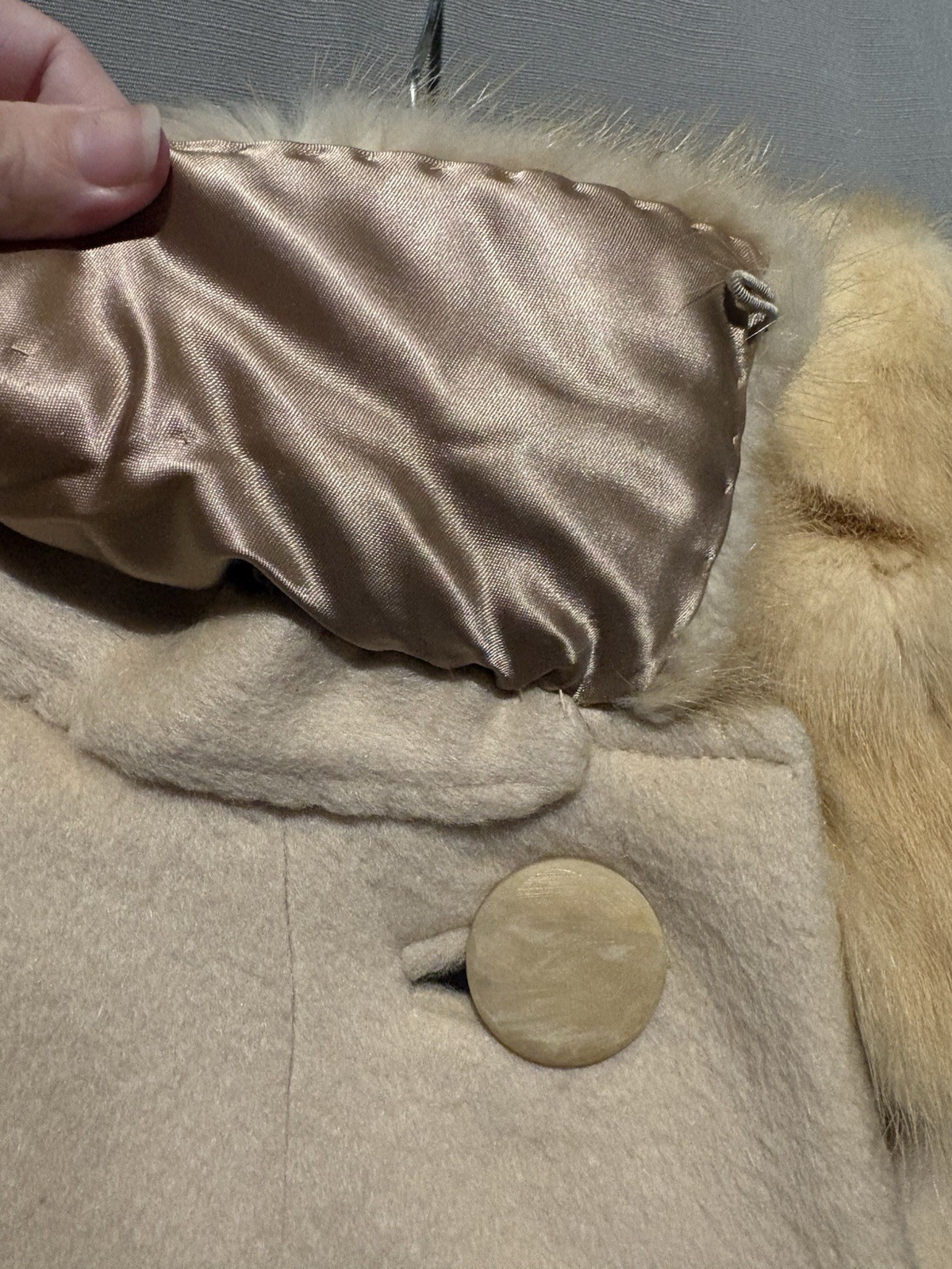 Vintage Forstmann Beige Wool Coat with Mink Fur Collar Small Some Damage!