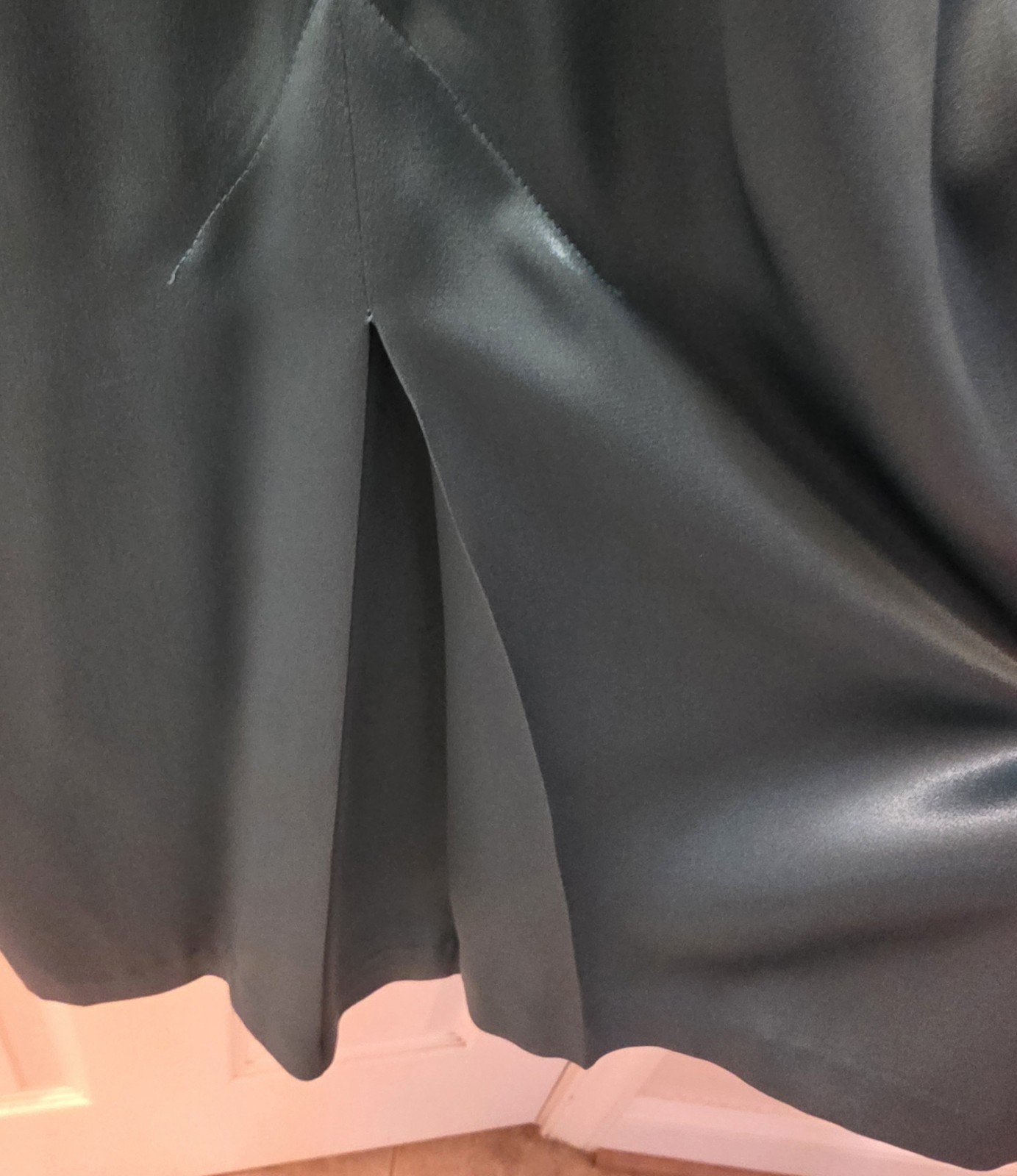 Unique Vintage 1980s Norma Kamali Green Satin Cocktail Midi Dress with Peplum