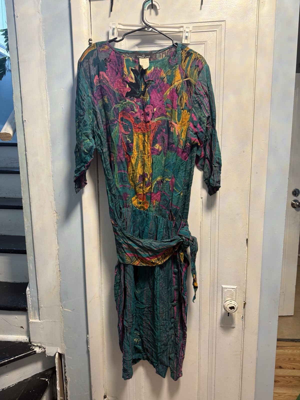Vintage 80s Midi Dress Dropwaist Teal Multi Abstract Floral Sash Long Sleeves 10