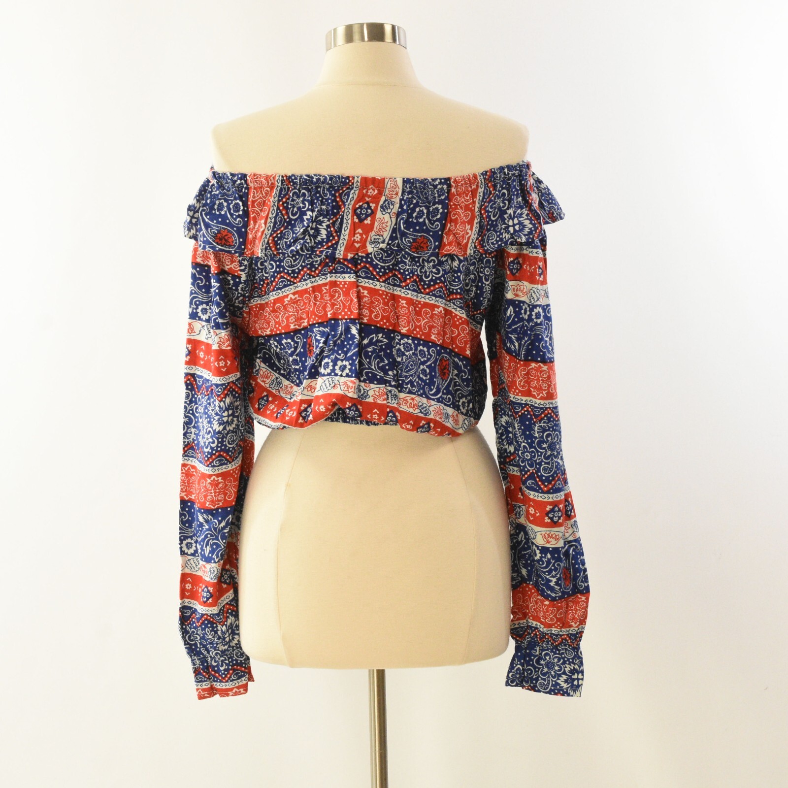 1990s Bonjour Red White Blue Striped Bandana Print Crop Top L