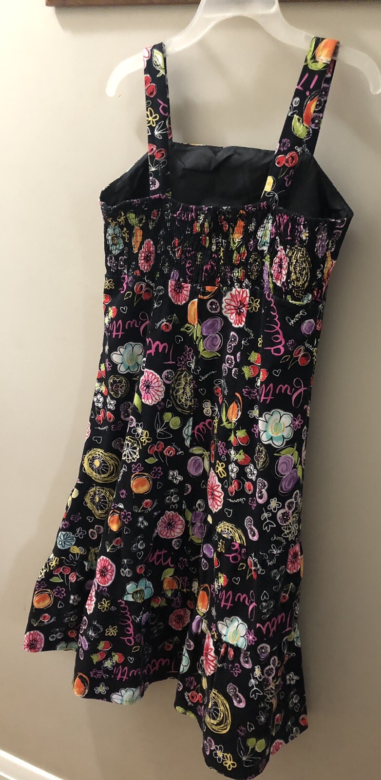 Karin Stevens Black Tiered Sundress Size 10 Colorful Fruit Cherry Smocking Fun