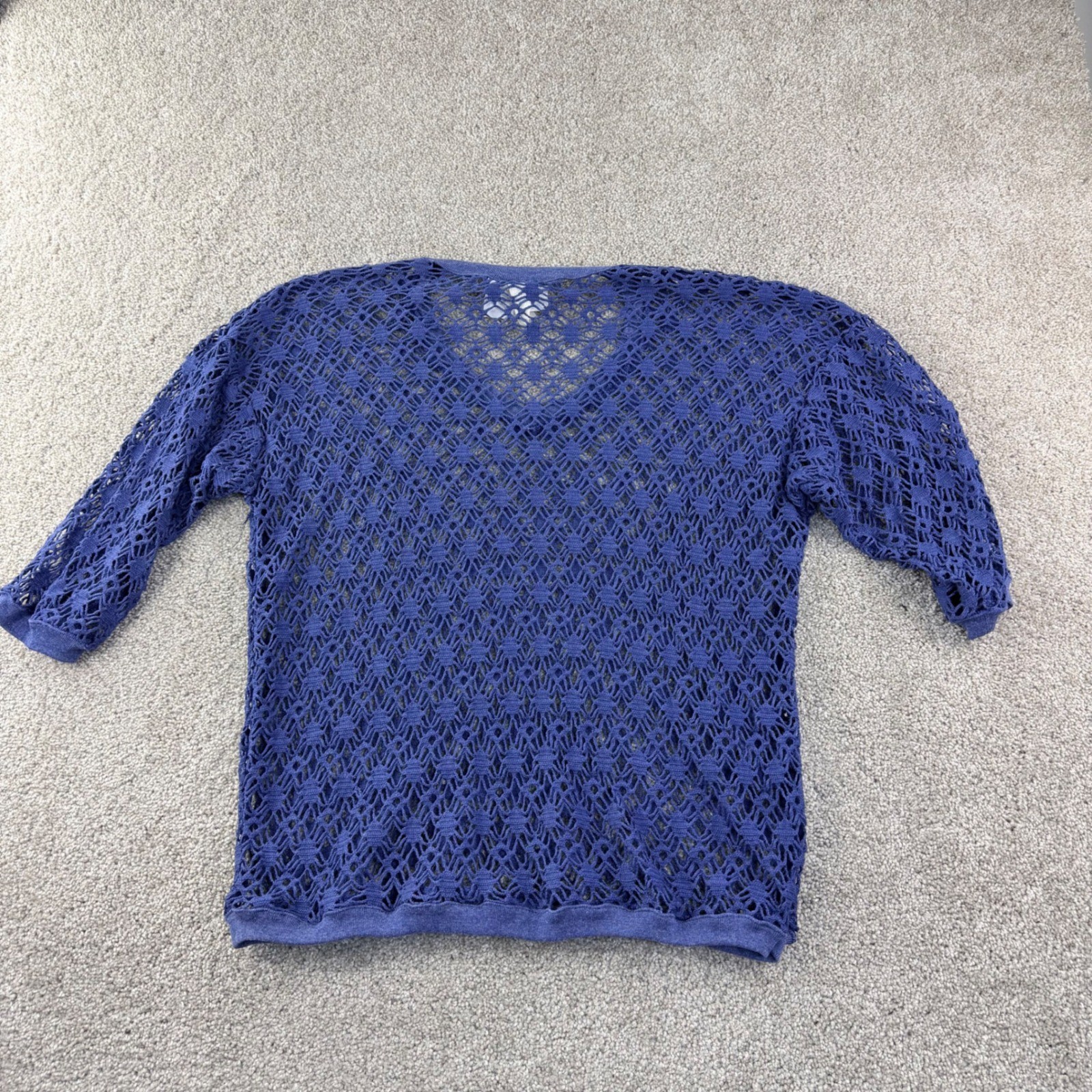 Marcy N’ Me Crochet Sweater Women M Blue Vintage 80s Boho Open Knit V-Neck Artsy