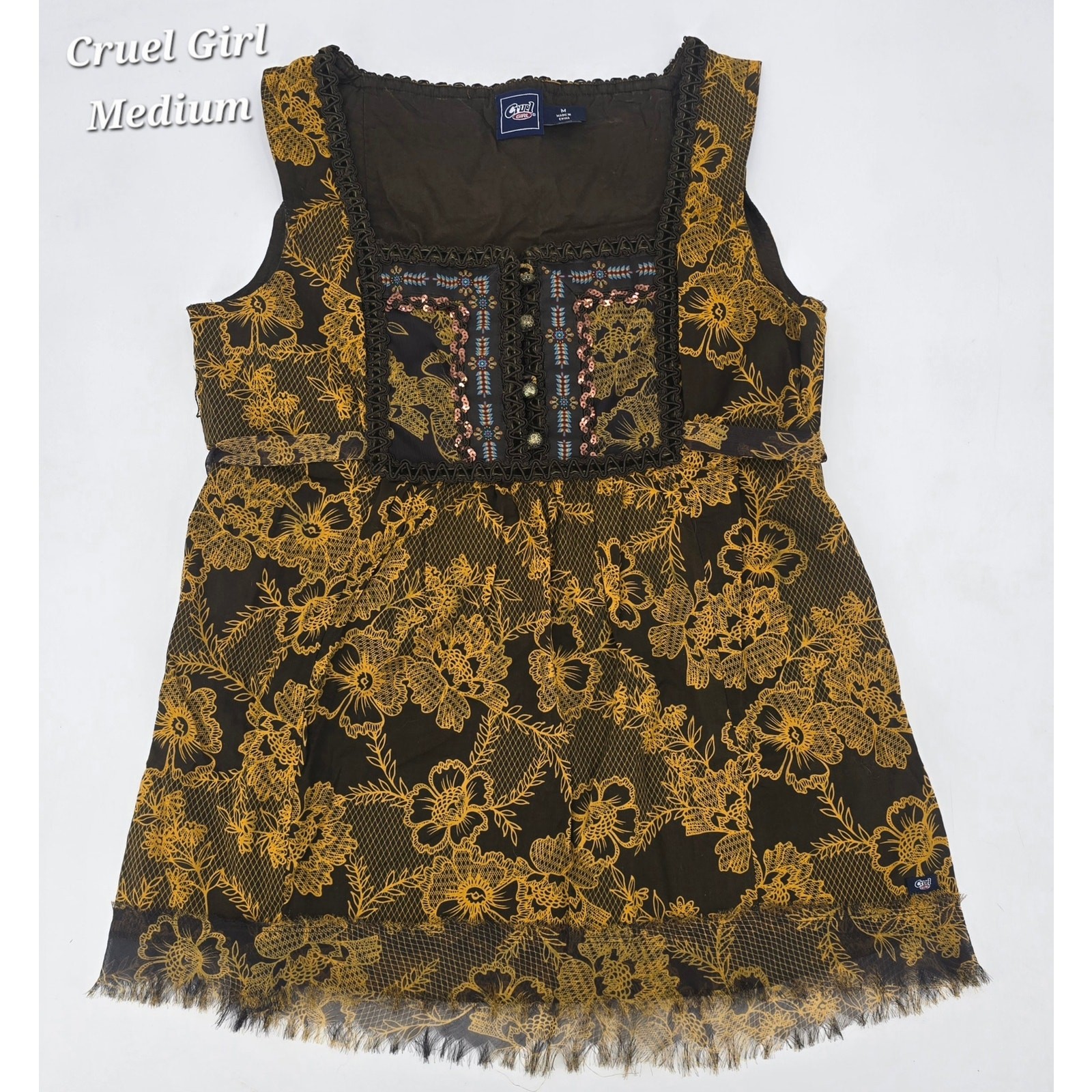 Y2K Cruel Girl Western Boho Floral Lace Print Sleeveless Tunic Top Brown Gold M