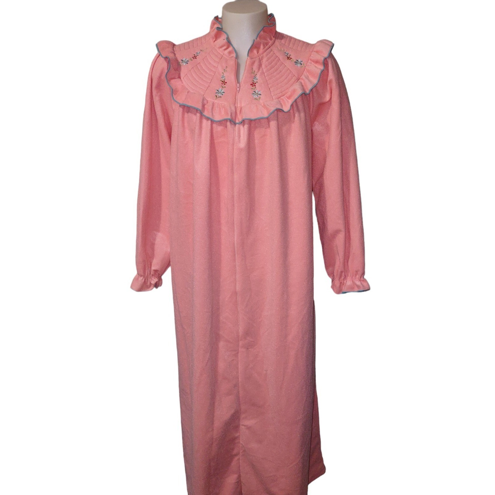 Vintage Lara Dee By Charm XXX Orange Fleece Robe Floral Embroidered 3/4 Zipper