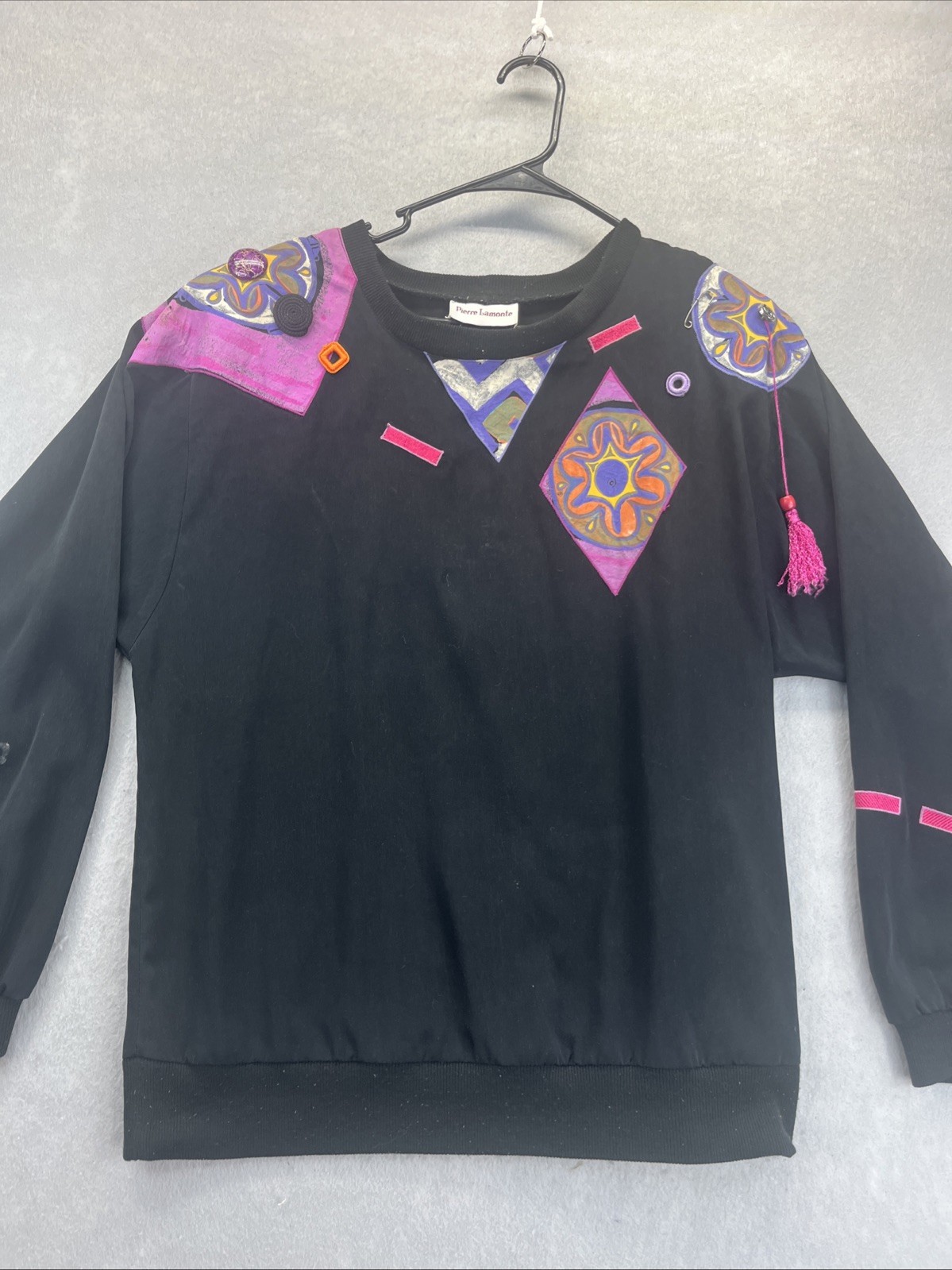 Pierre Lamonte Black Colorful Embellished Blouse Vintage 80s Size 12 Made USA
