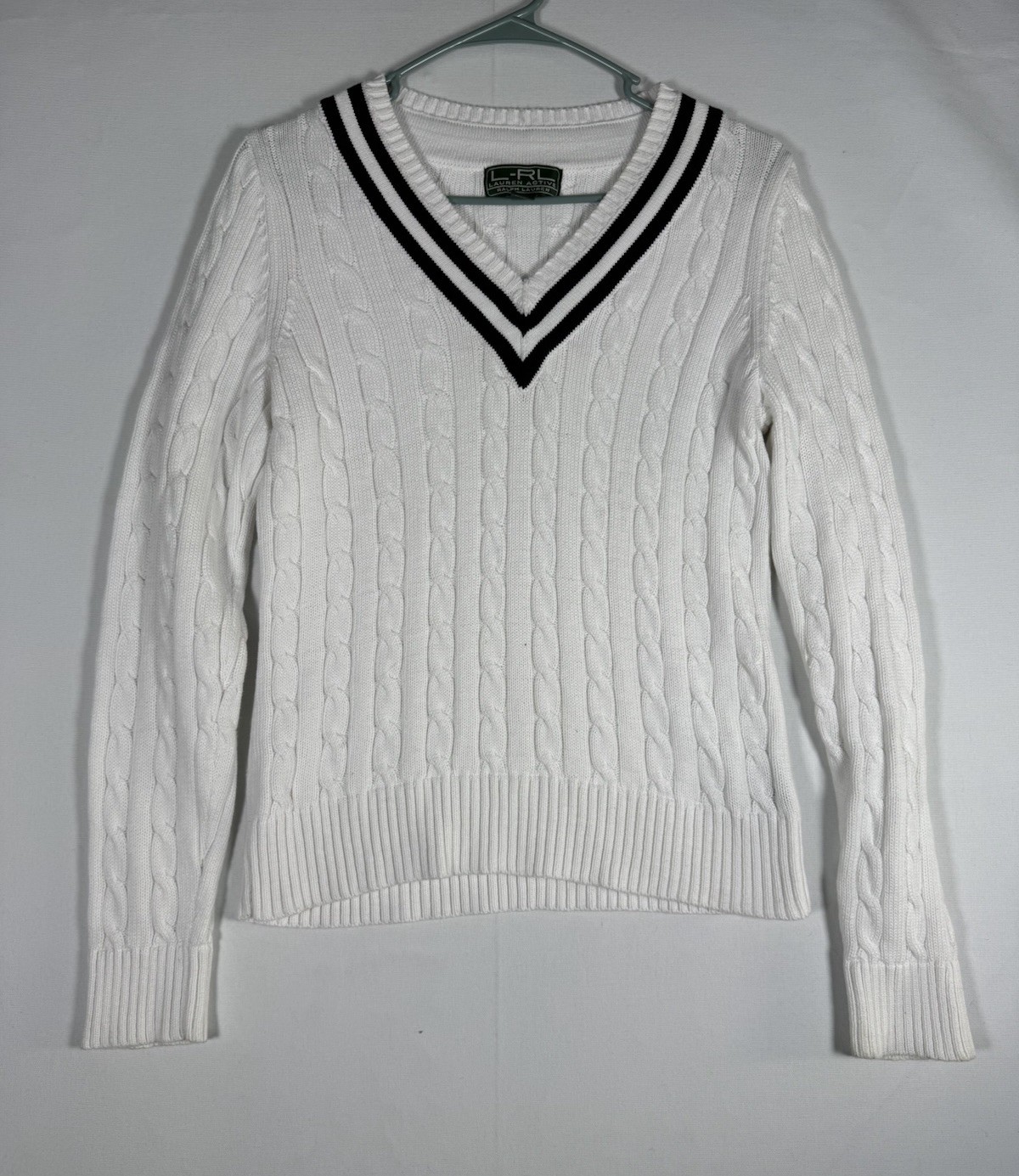 VTG Lauren Ralph Lauren Cricket Sweater Large White Cable Knit V-Neck 90s Tennis
