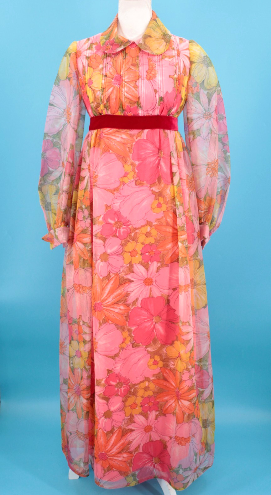 VTG Women’s 60s Coral & Pink Floral Empire Waist Maxi Dress Sz XS/S 1960s