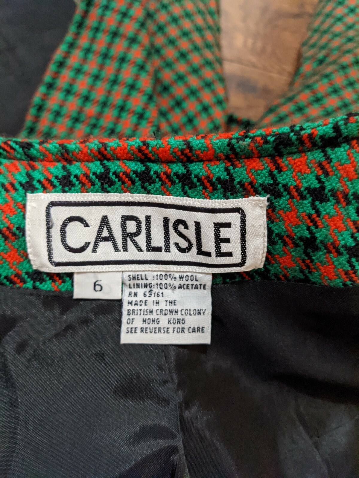 VTG Carlisle Green Red Plaid Collarless Blazer Jacket 100% Wool Sz 6 Small S