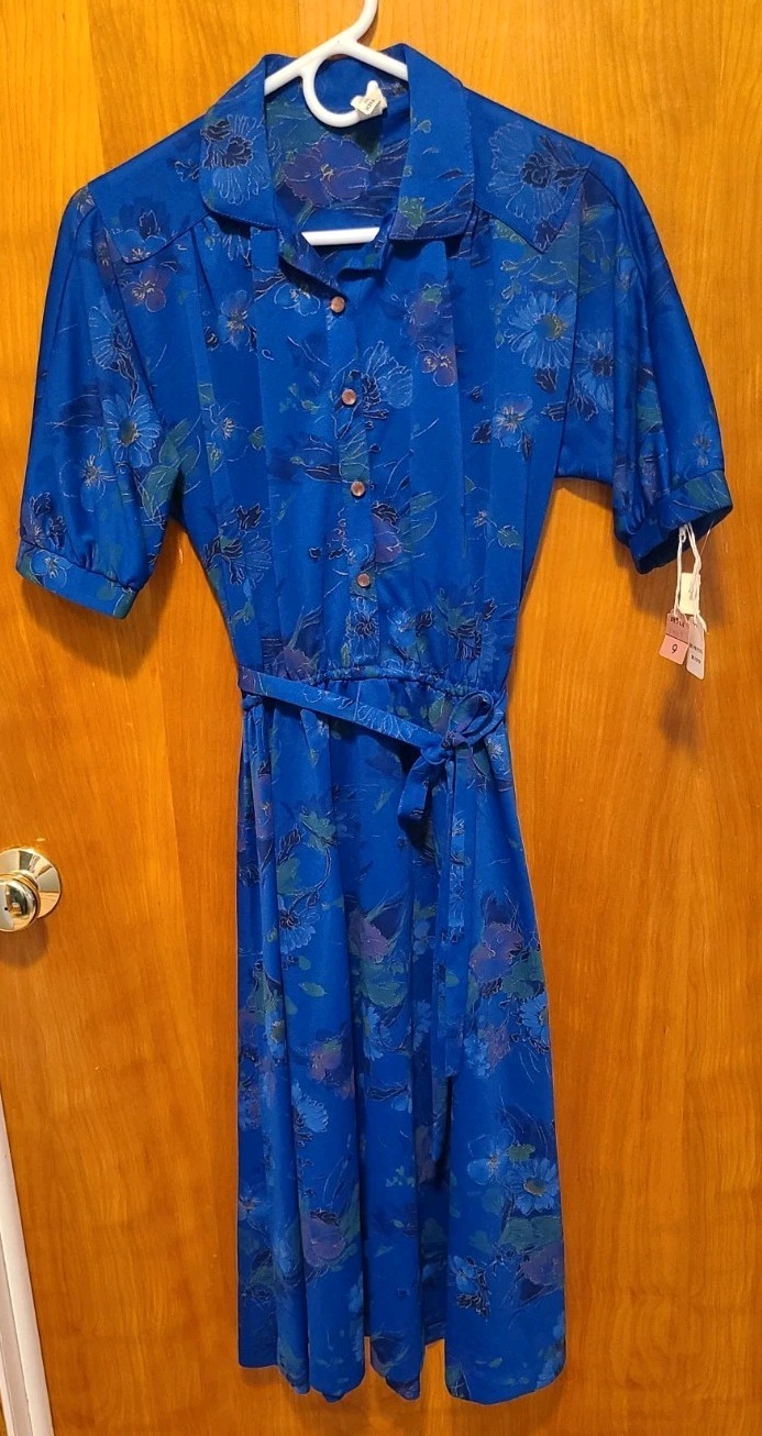 Vintage 1970s Union Made ILGWU Blue/Gold Floral Midi Dress NOS With Tags Size 9