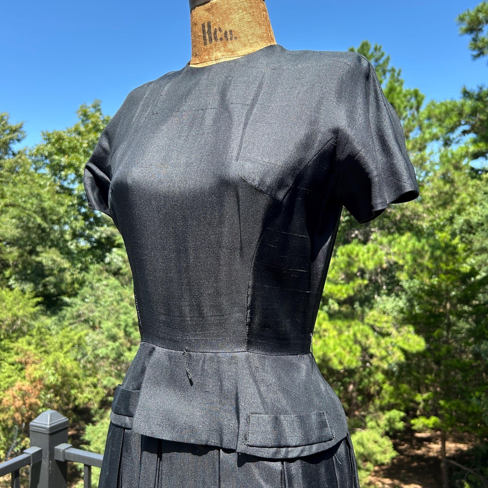 Vintage 50s Black Raw Silk Pleated Peplum Mini Dress by Jonathan Logan XS S
