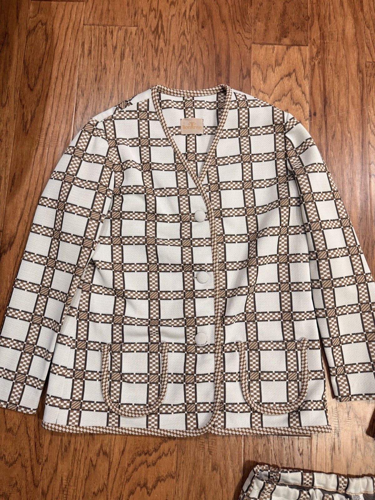 Vintage 1970s 3 Piece Leisure Suit Womens Knit Beige Brown Plaid Large 12-14