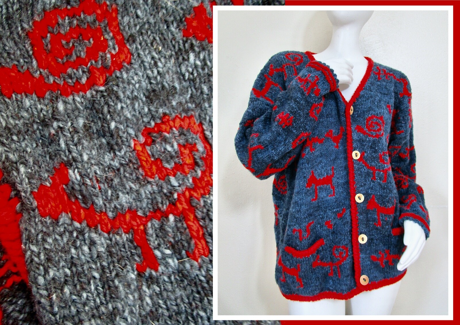 Vintage Amano Wool Wood Boho Tribal Cave Drawing Caridgan Sweater Oversize S L