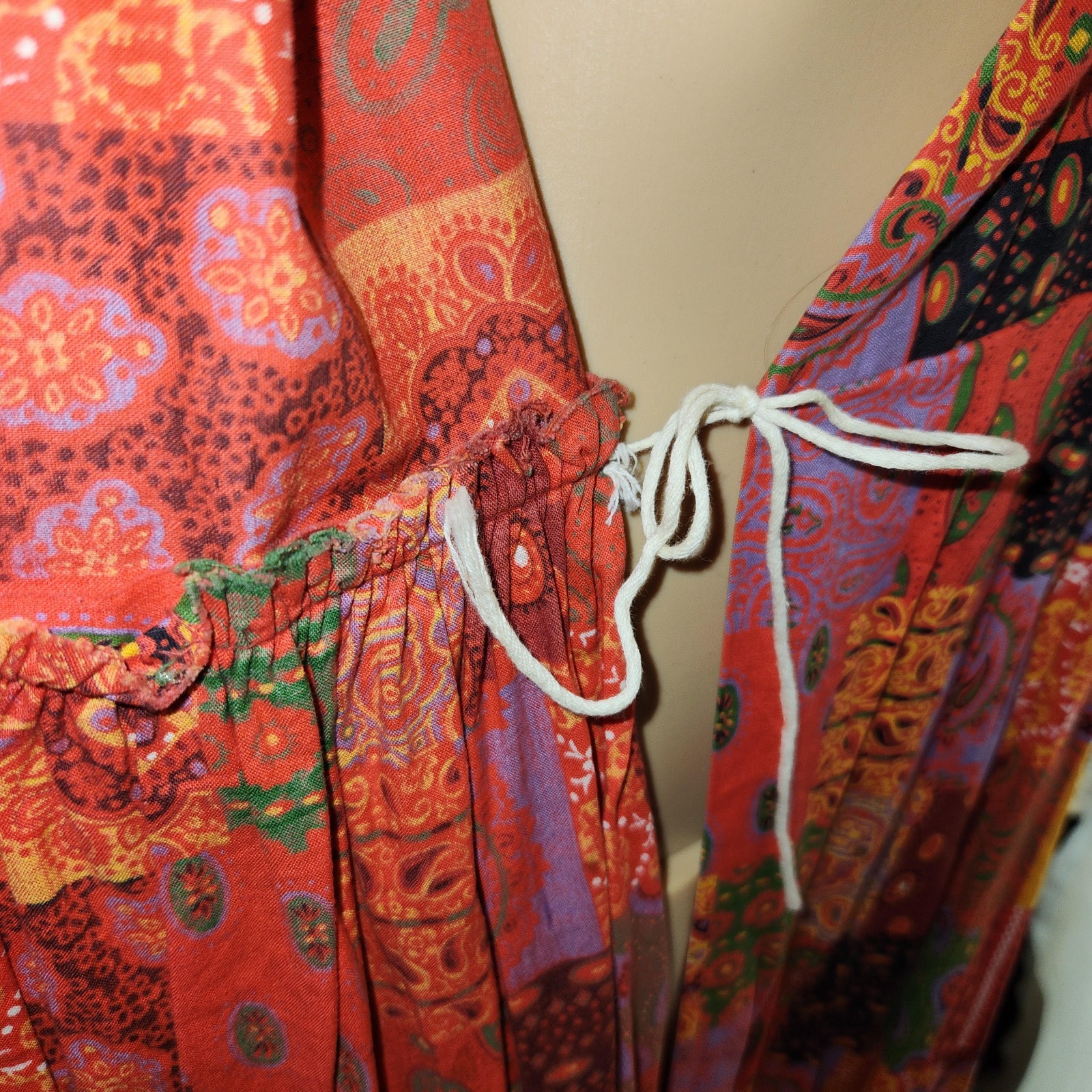 VINTAGE PATCHWORK PRINT ORANGE TIE UP DRESS PAISLEY PRINT GROOVY DAY DRESS M/L