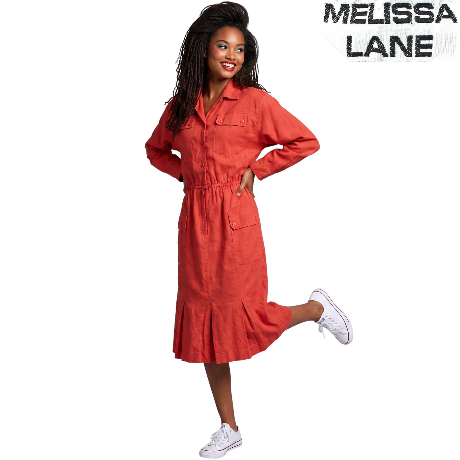 1980s Vintage Red Cargo Utility Dress Cotton Shirtdress Pockets Melissa Lane 12