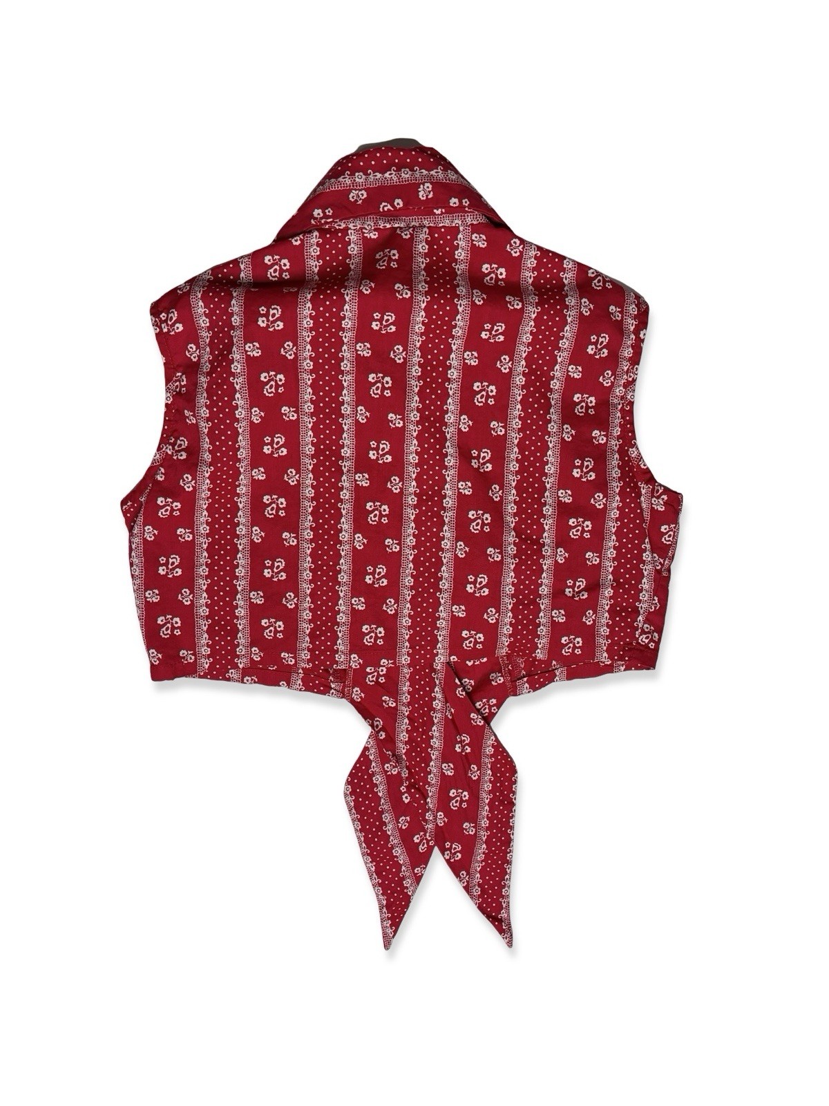 Vintage 70s Women’s Red Floral Tie Waist Dagger Collar Crop Top Western Cowgirl
